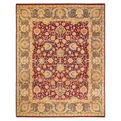 Tapis traditionnel Mogul rouge unique fait à la main, unique en son genre