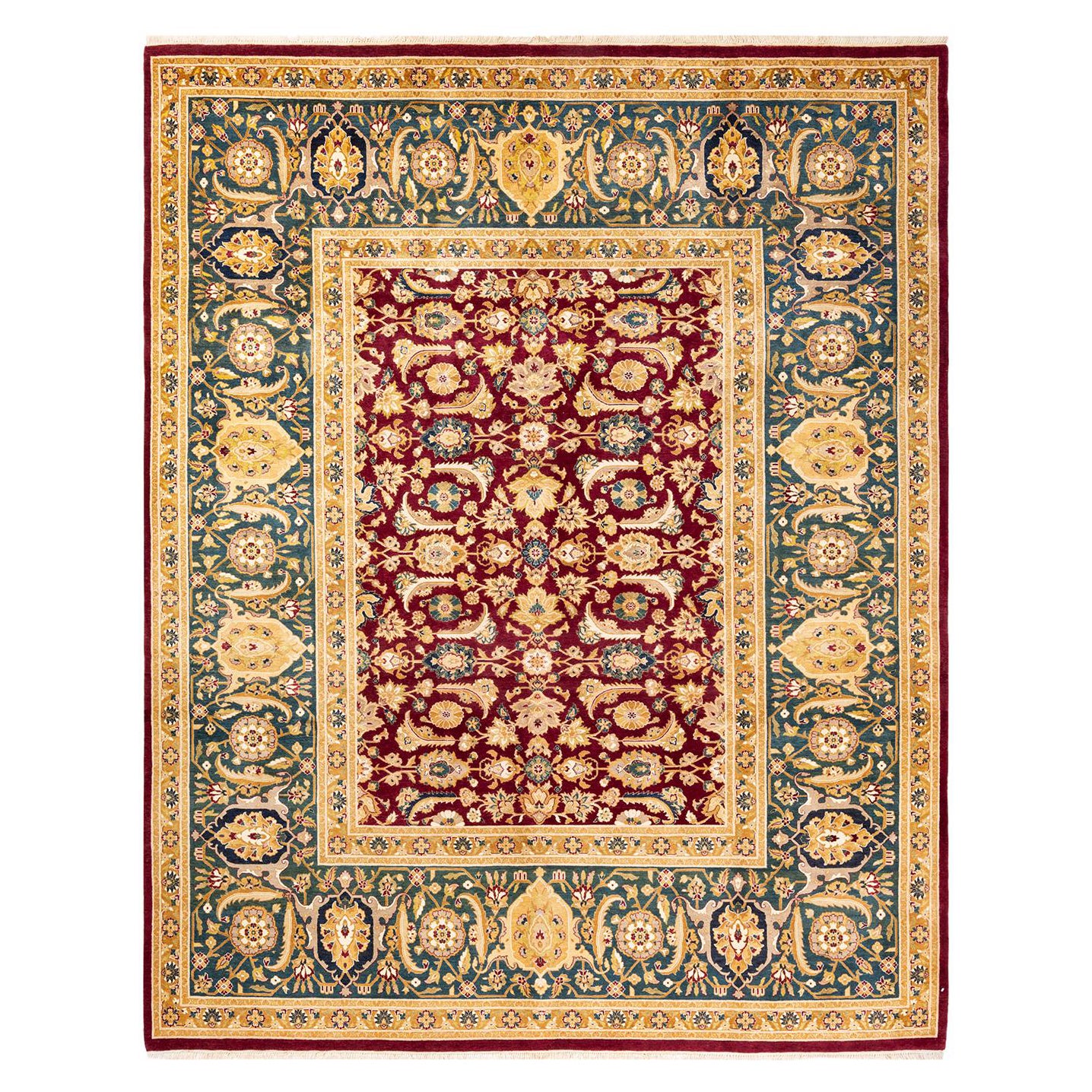 Tapis traditionnel Mogul rouge unique fait à la main, unique en son genre