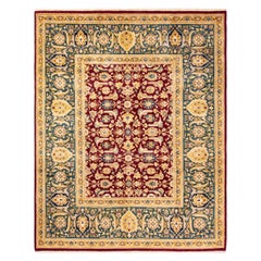 Tapis traditionnel Mogul rouge unique fait à la main, unique en son genre