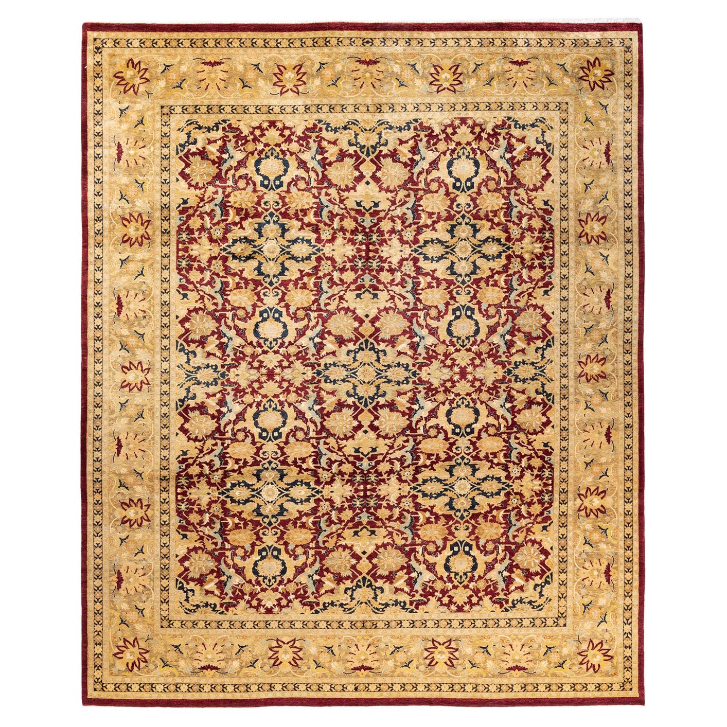 Tapis traditionnel Mogul rouge unique fait à la main, unique en son genre