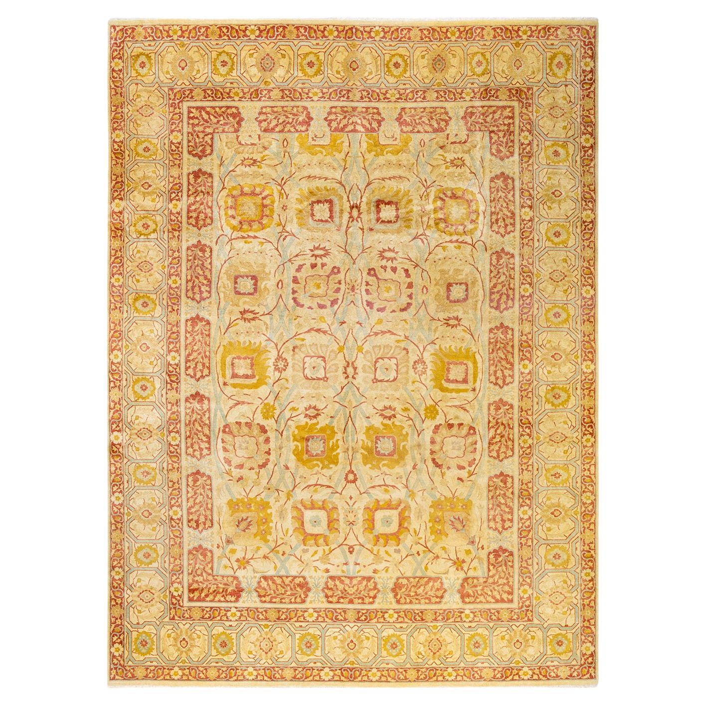 One-of-a-kind Hand Made Traditional Mogul Yellow Area Rug For Sale