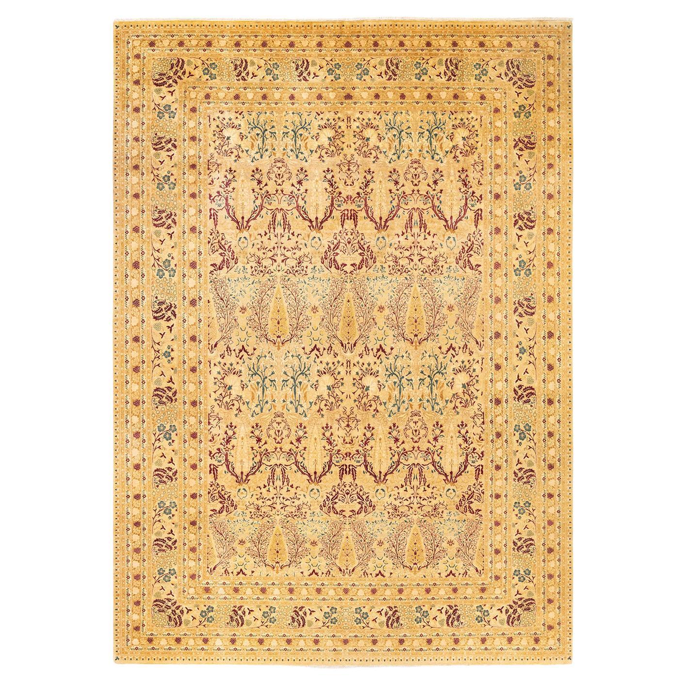 Tapis traditionnel Mogul jaune unique fait à la main, unique en son genre