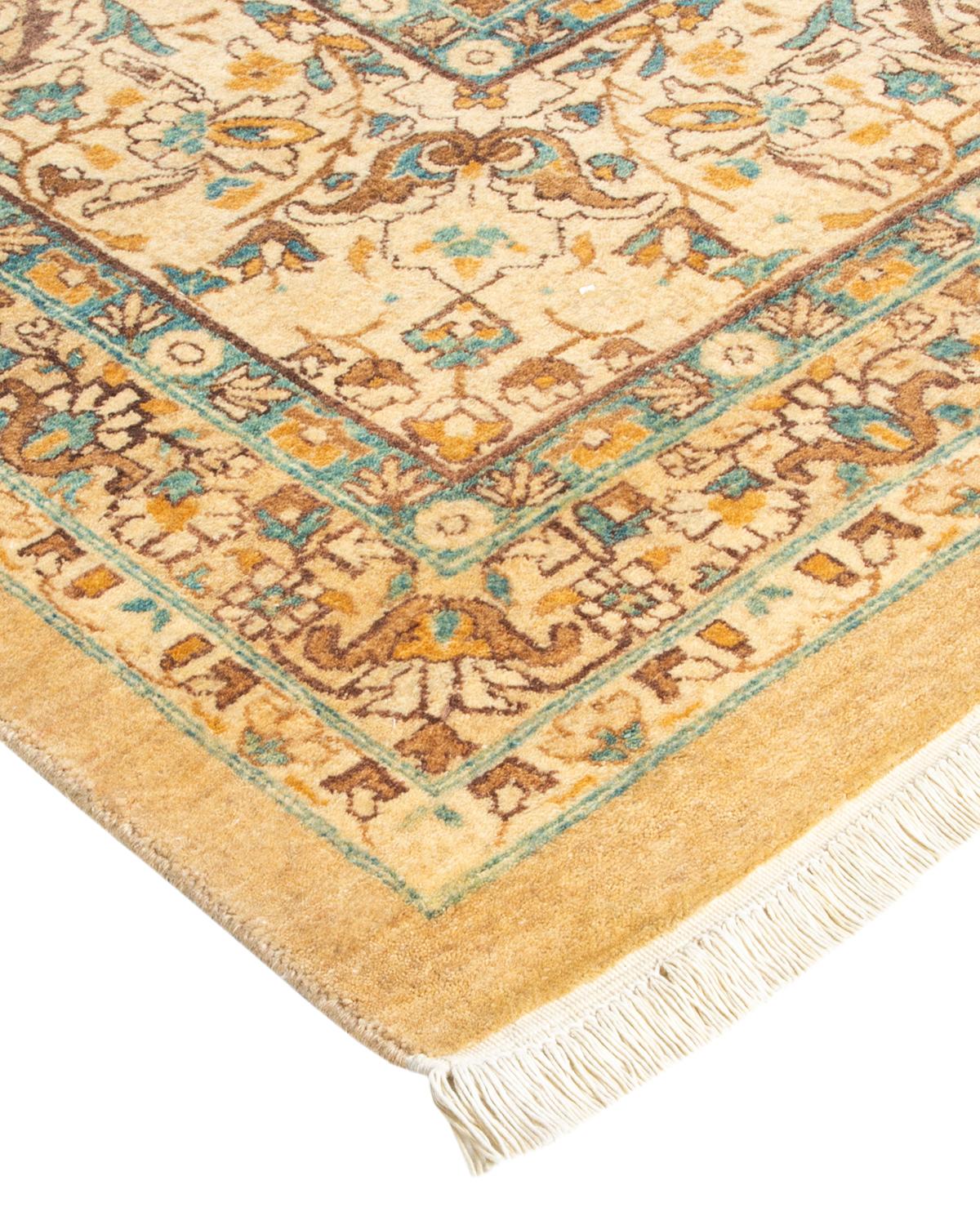 Laine Tapis traditionnel Mogul jaune unique fait à la main, unique en son genre en vente
