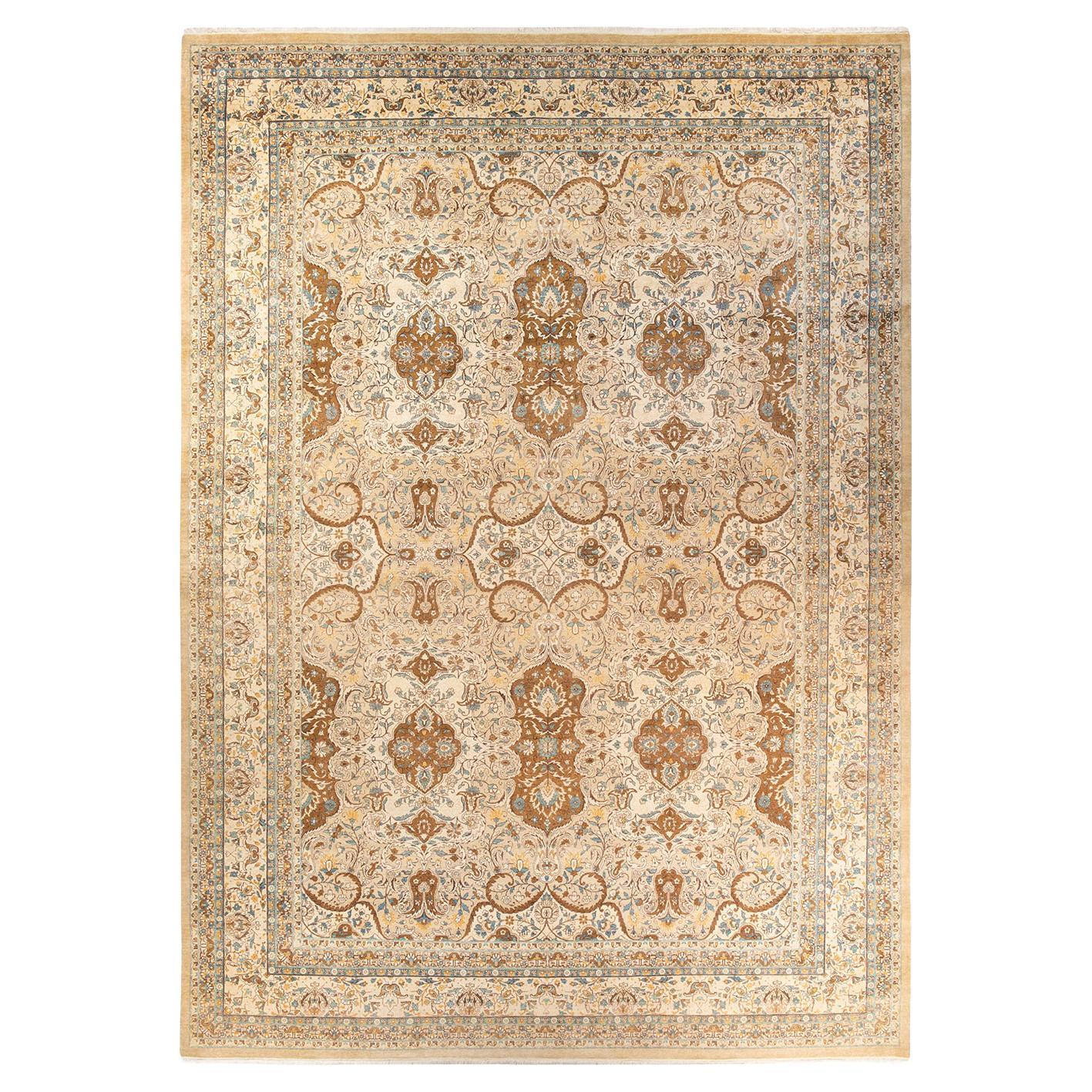 Tapis traditionnel Mogul jaune unique fait à la main, unique en son genre