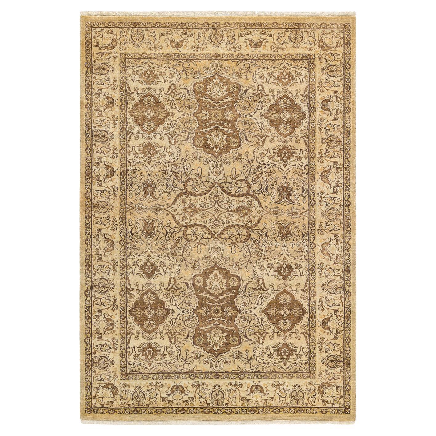 One-Of-A-Kind Hand Made Traditional Mogul Yellow Area Rug