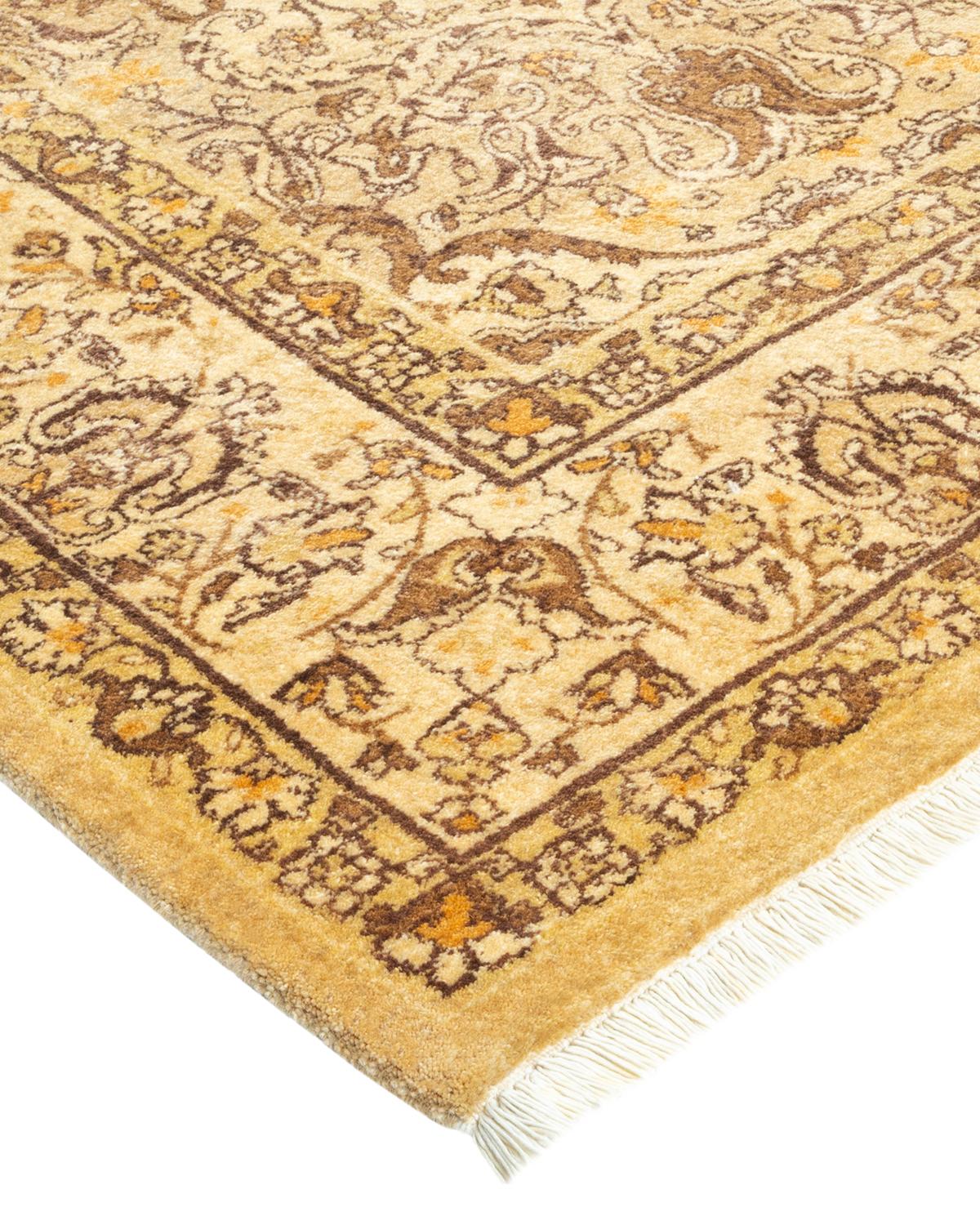 Laine Tapis traditionnel Mogul jaune unique fait à la main, unique en son genre en vente