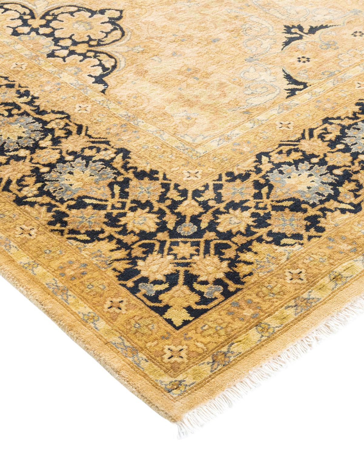 Laine Tapis traditionnel Mogul jaune unique fait à la main, unique en son genre en vente