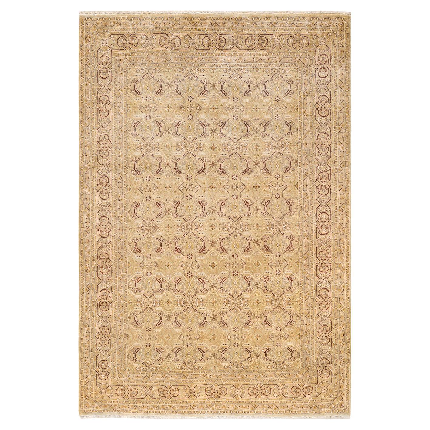 Tapis traditionnel Mogul jaune unique fait à la main, unique en son genre