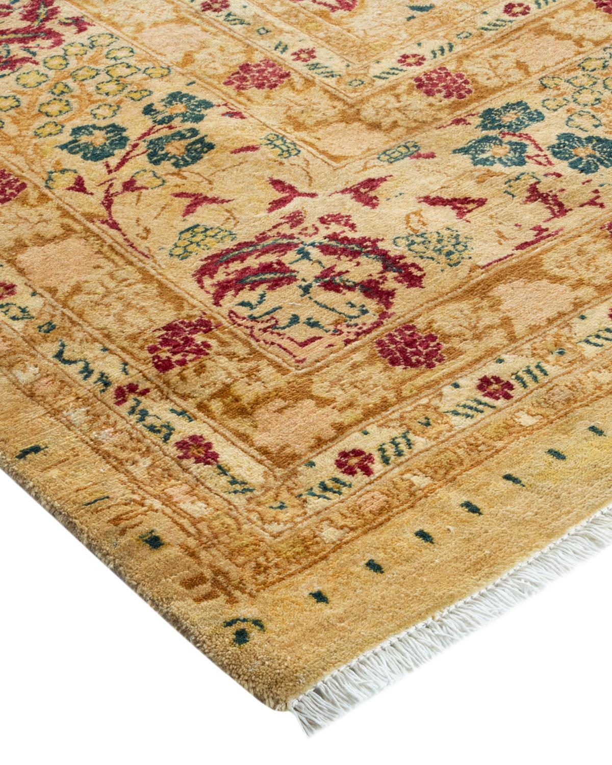 Laine Tapis traditionnel Mogul jaune unique fait à la main, unique en son genre en vente