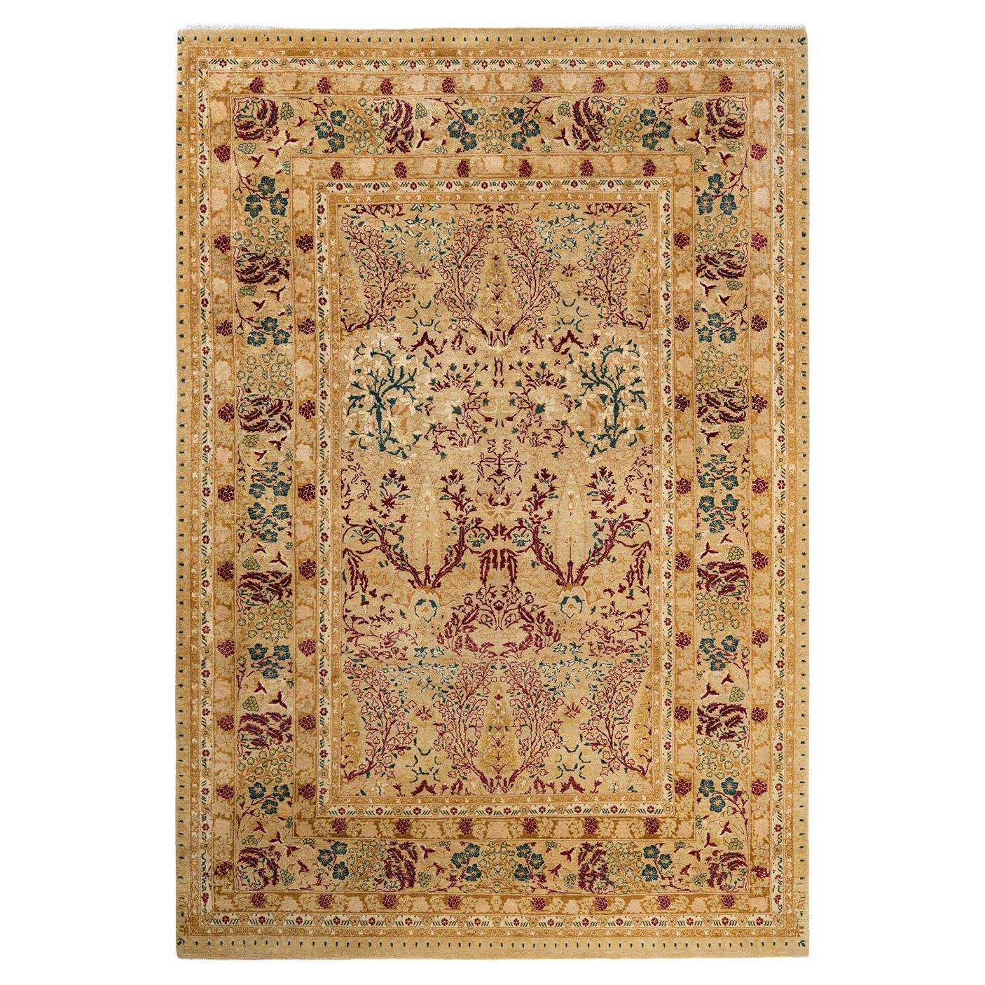 Tapis traditionnel Mogul jaune unique fait à la main, unique en son genre