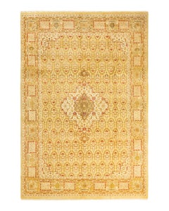 One-of-Kind Hand Made Traditional Mogul Yellow Area Rug