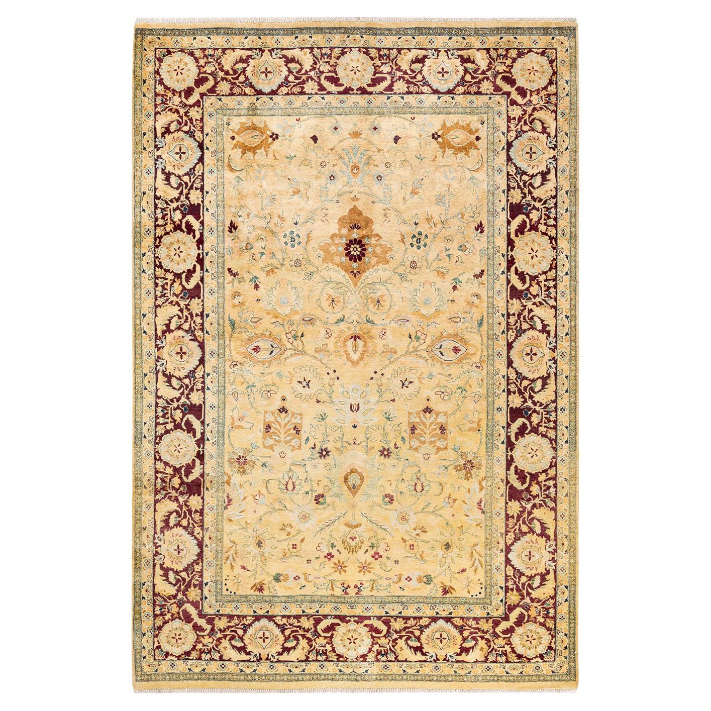 Tapis traditionnel Mogul jaune unique fait à la main, unique en son genre
