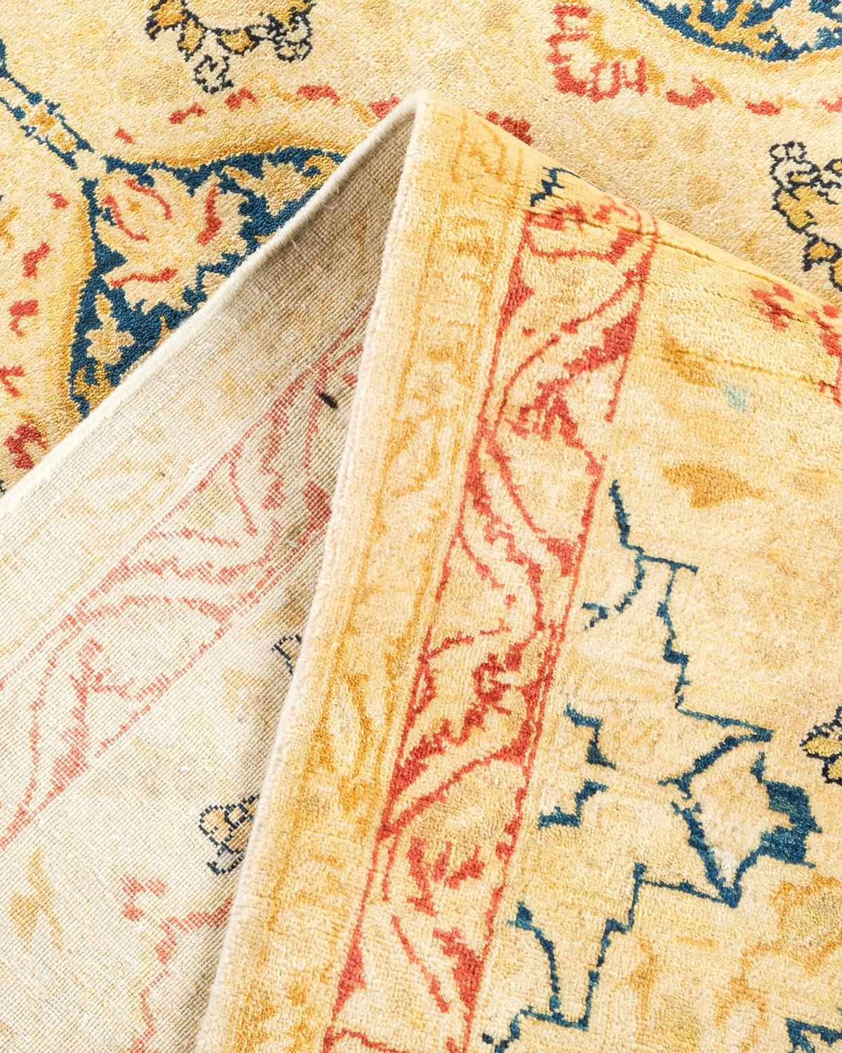 Pakistani One-Of-A-Kind Hand Made Traditional Mogul Yellow Area Rug For Sale