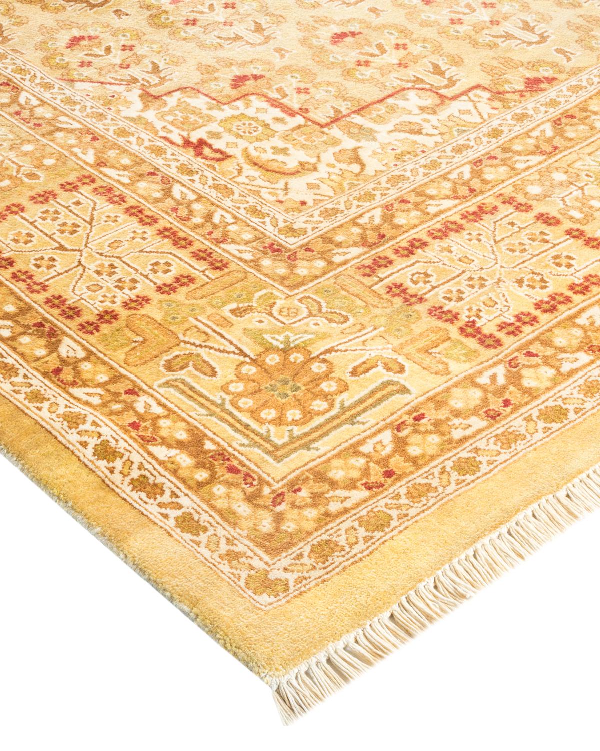 Handgefertigter, traditioneller Mogul-Teppich in Gelb, Unikat (Wolle) im Angebot