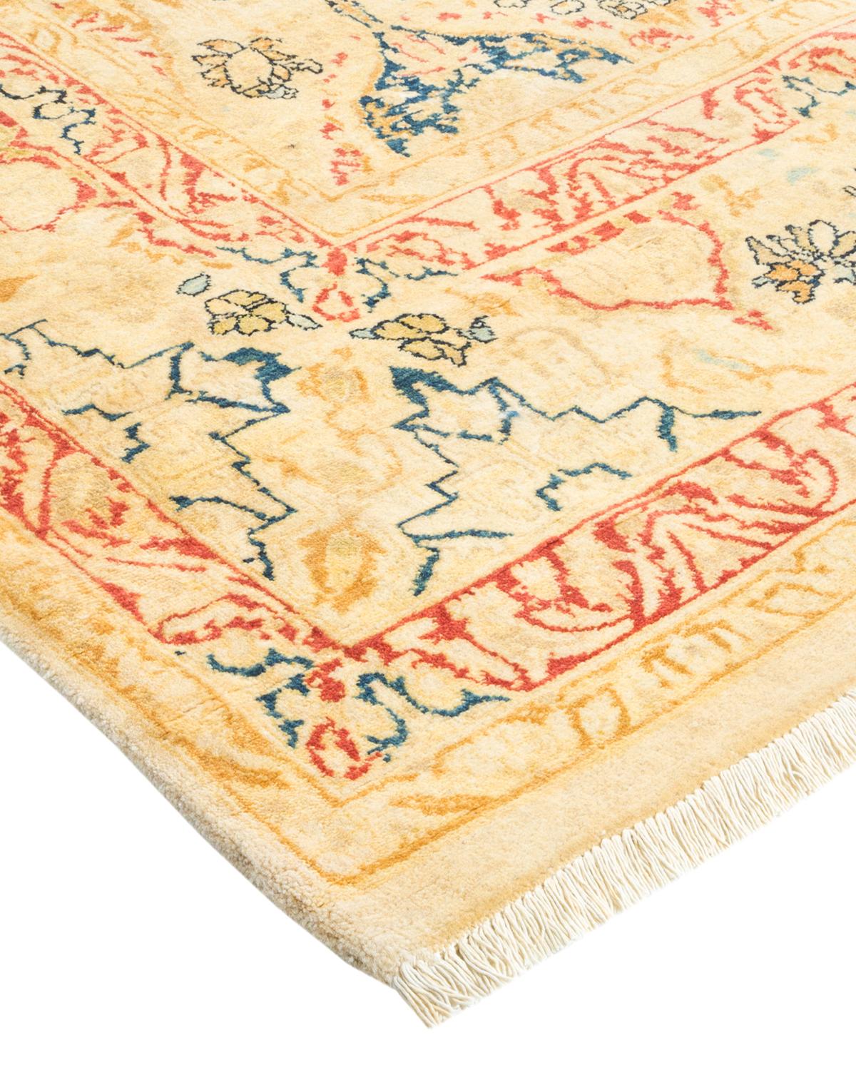 Wool One-Of-A-Kind Hand Made Traditional Mogul Yellow Area Rug For Sale