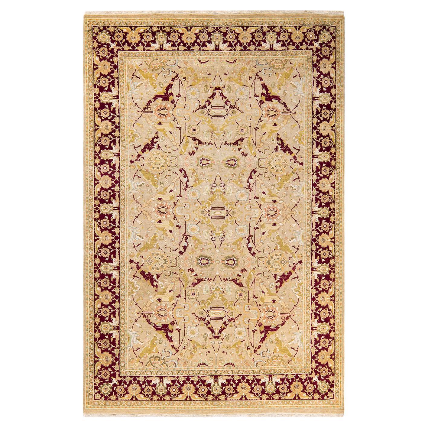 Tapis traditionnel Mogul jaune unique fait à la main, unique en son genre