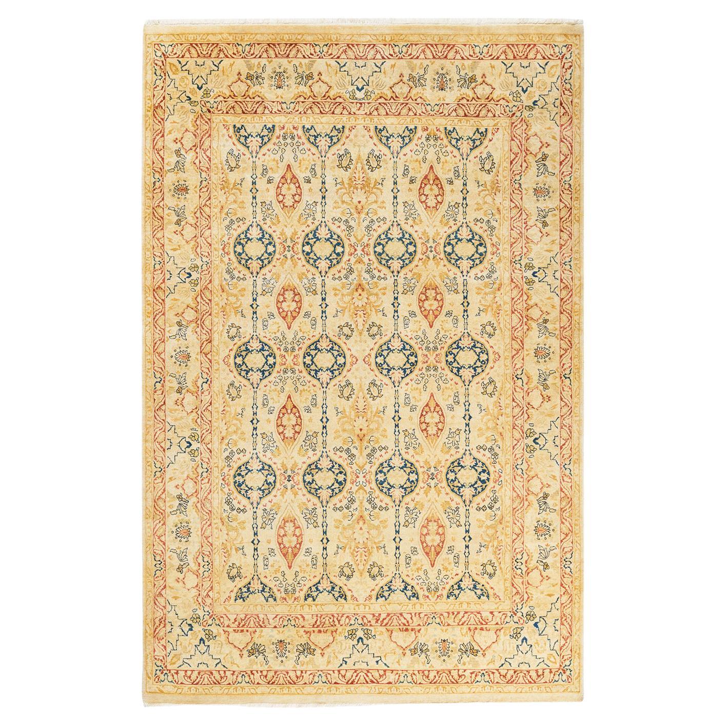 Tapis traditionnel Mogul jaune unique fait à la main, unique en son genre