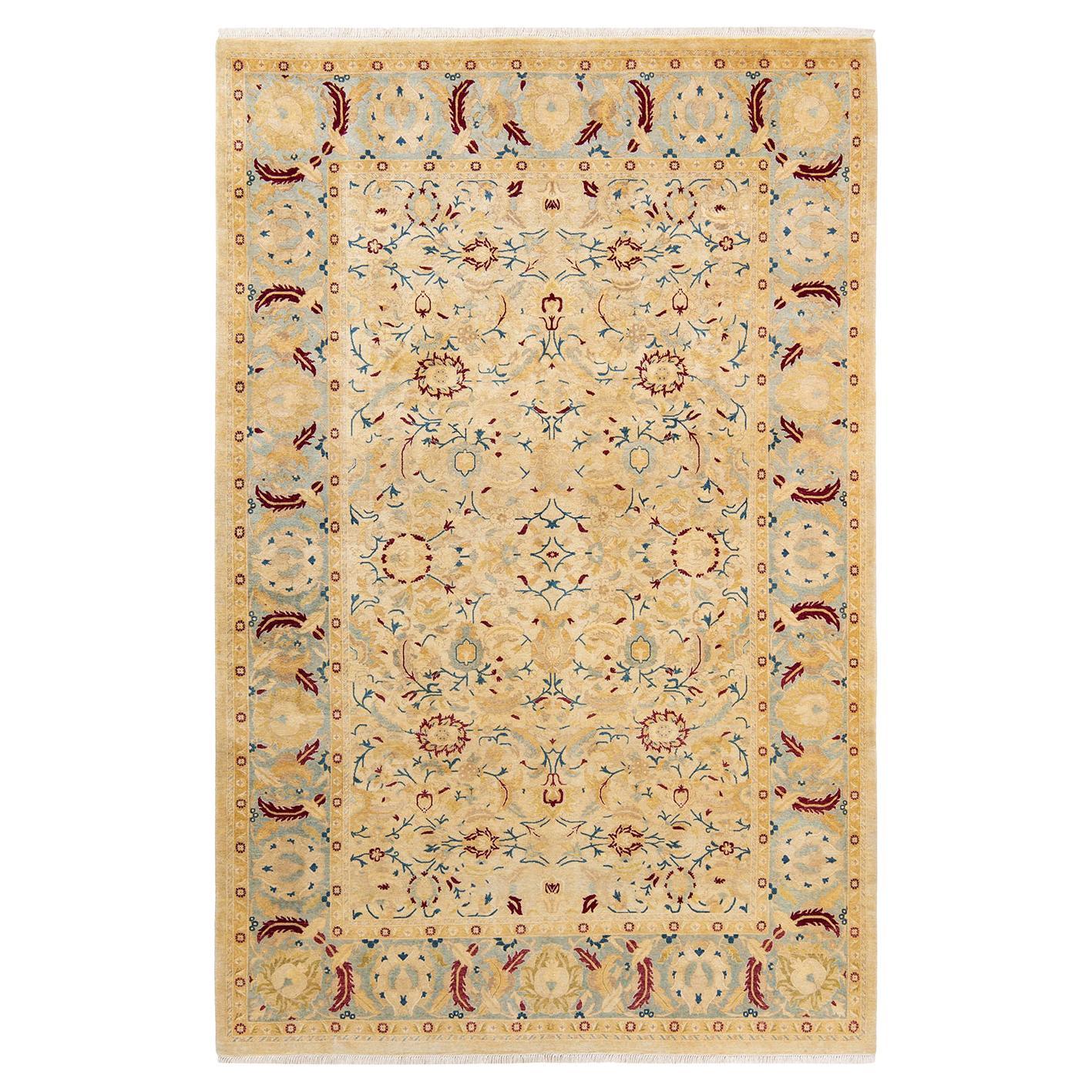 One-Of-A-Kind Hand Made Traditional Mogul Yellow Area Rug For Sale