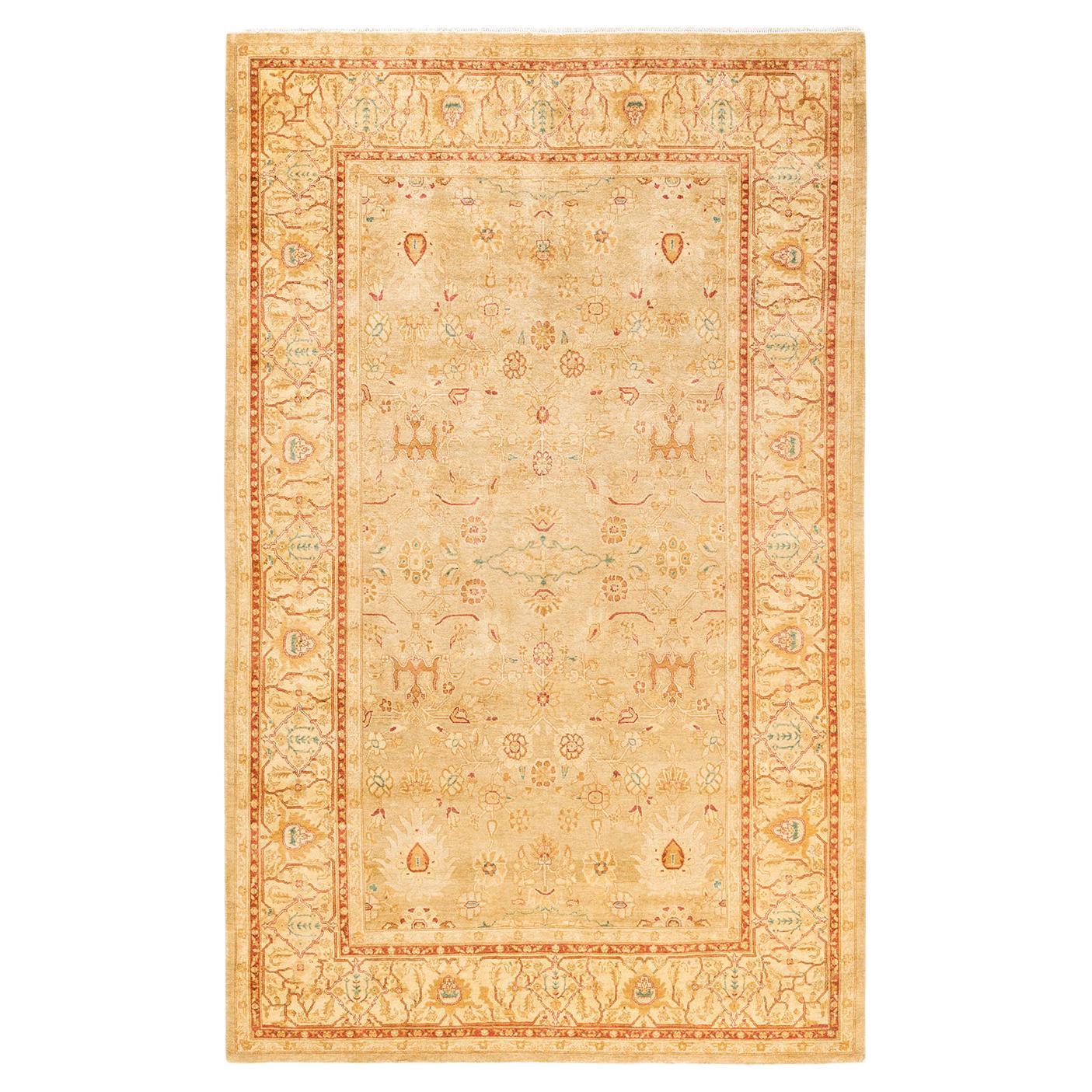 Tapis traditionnel Mogul jaune unique fait à la main, unique en son genre