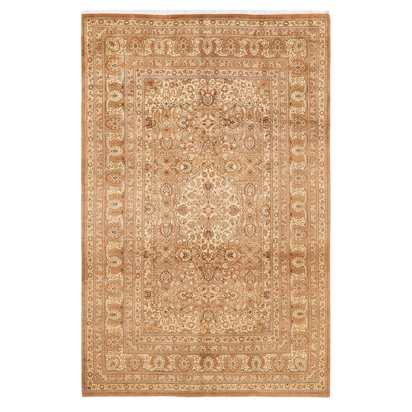 One-of-a-Kind Hand Made Traditional Mogul Yellow Area Rug For Sale