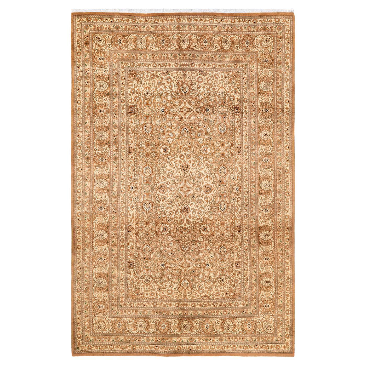 Tapis traditionnel Mogul jaune unique fait à la main, unique en son genre