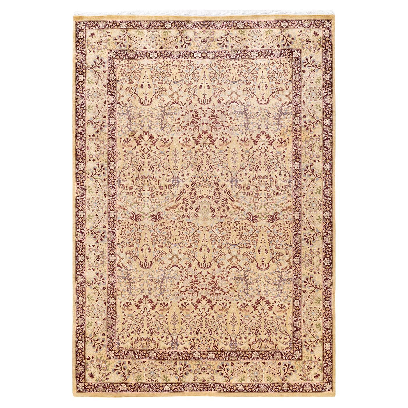 Tapis traditionnel Mogul jaune unique fait à la main, unique en son genre