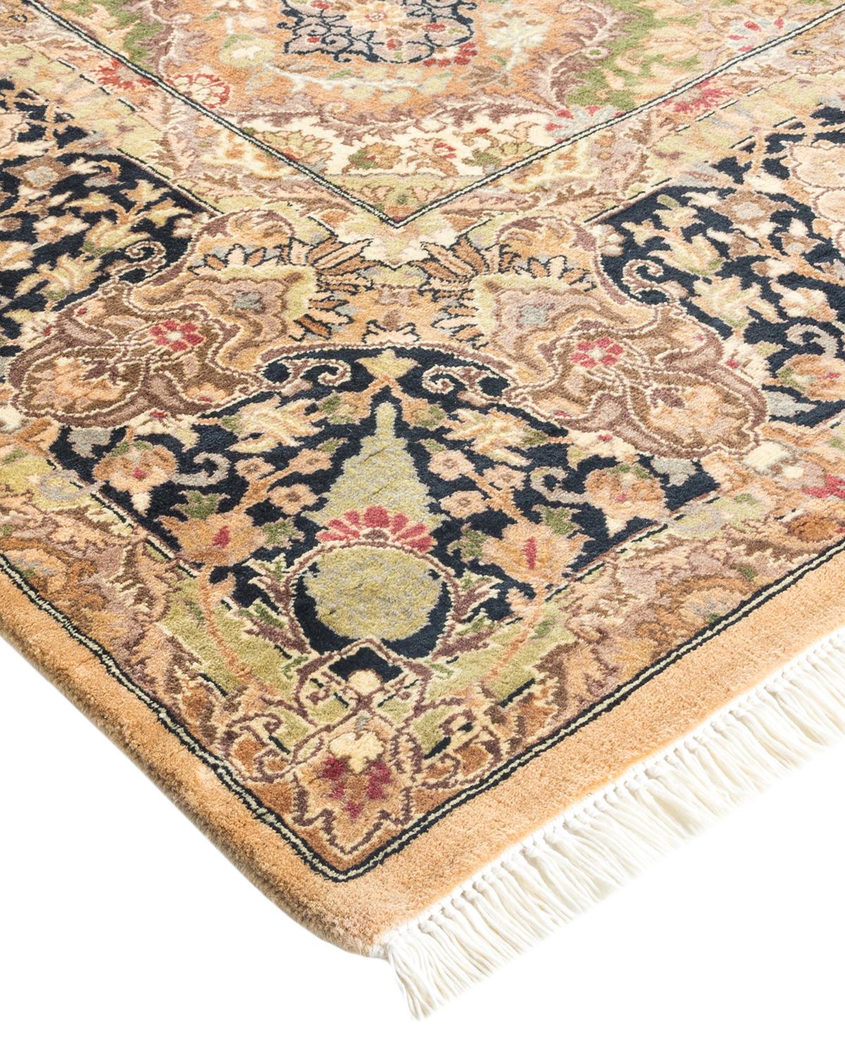 Laine Tapis traditionnel Mogul jaune unique fait à la main, unique en son genre en vente