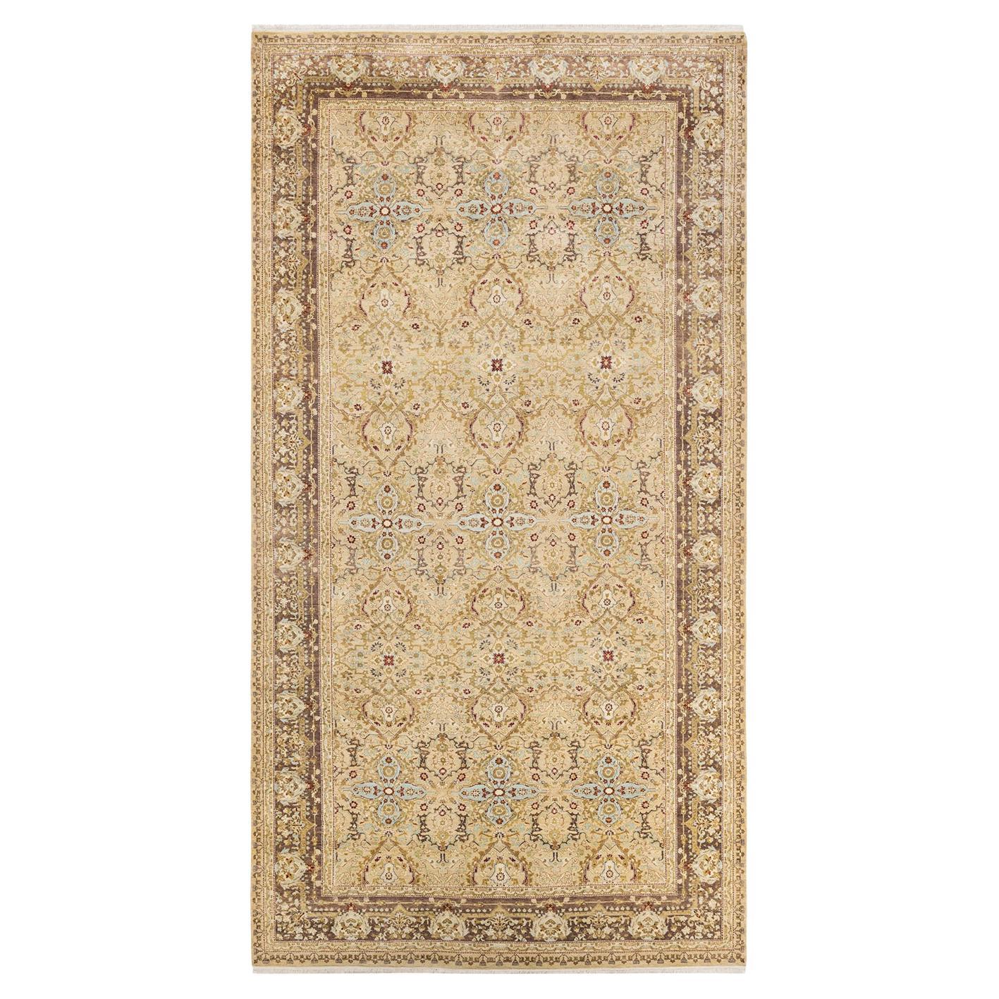 Tapis traditionnel Mogul jaune unique fait à la main, unique en son genre