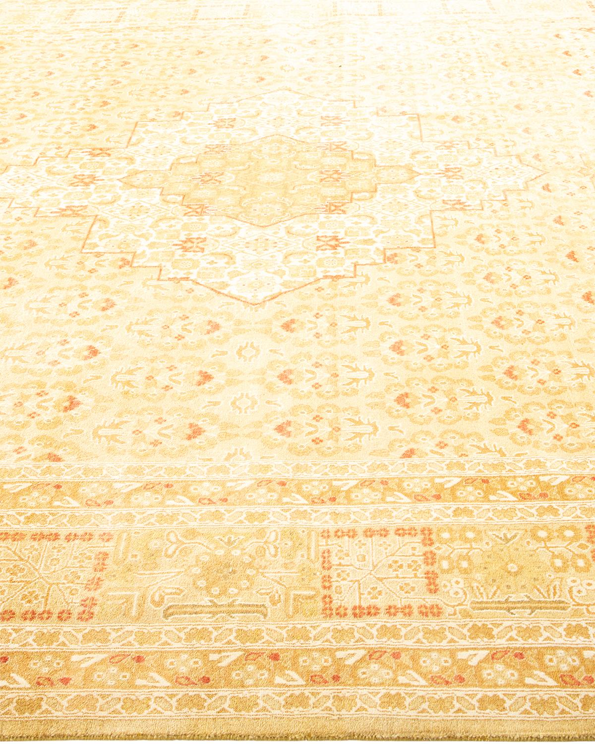 One-of-a-Kind Hand Made Traditional Mogul Yellow Area Rug In New Condition For Sale In Norwalk, CT