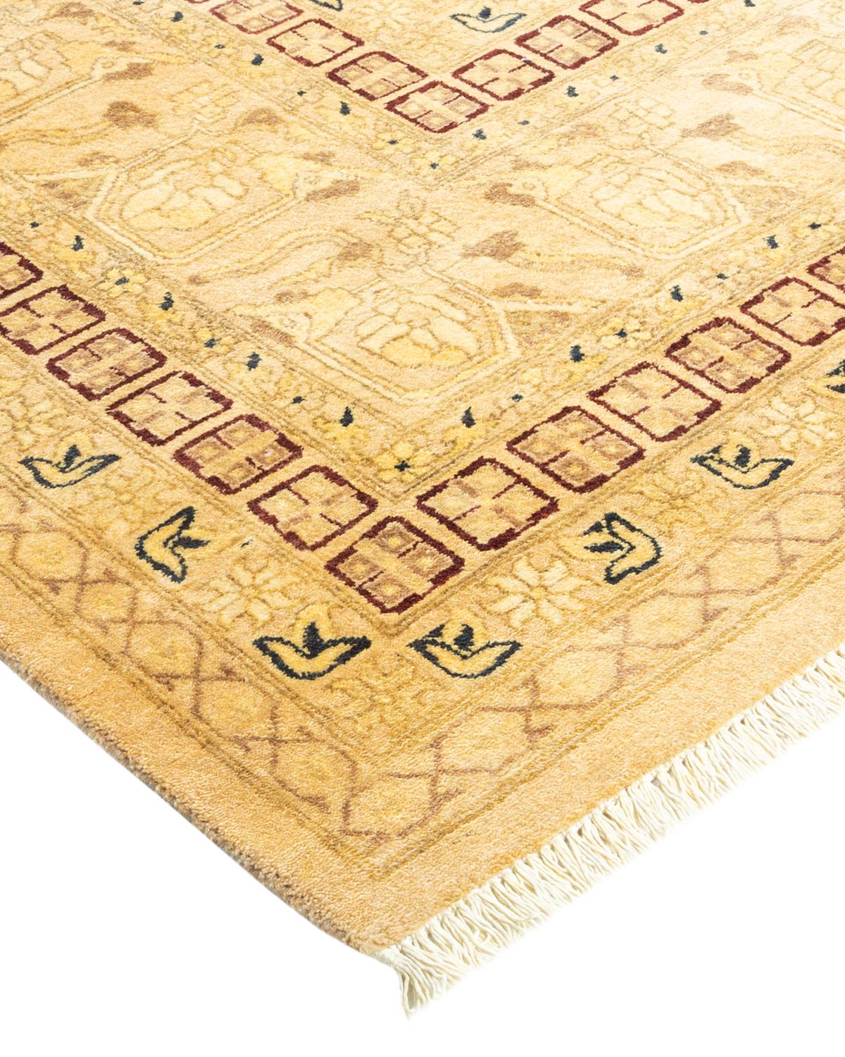 Wool One-of-a-Kind Hand Made Traditional Mogul Yellow Area Rug For Sale