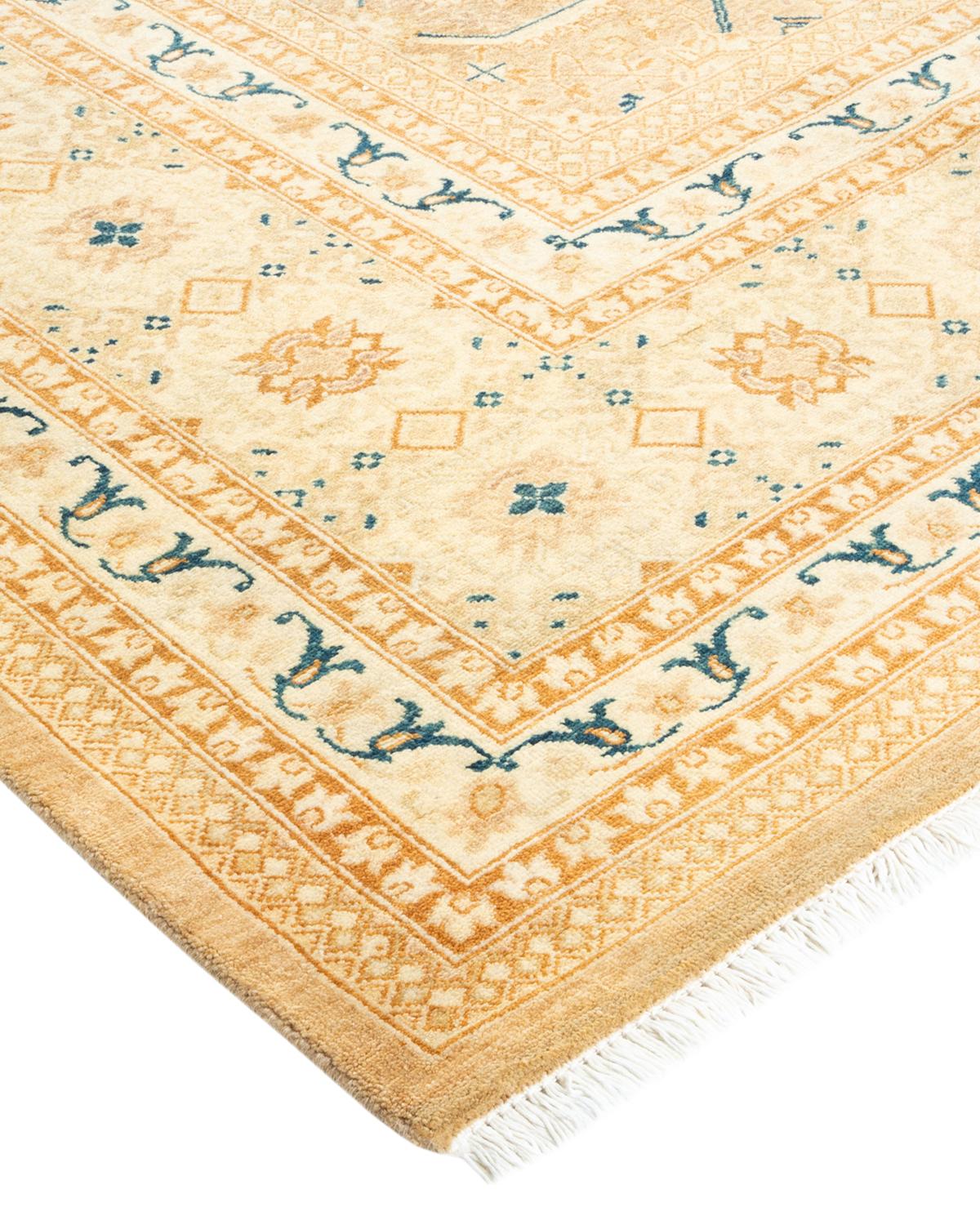 Laine Tapis traditionnel Mogul jaune unique fait à la main, unique en son genre en vente