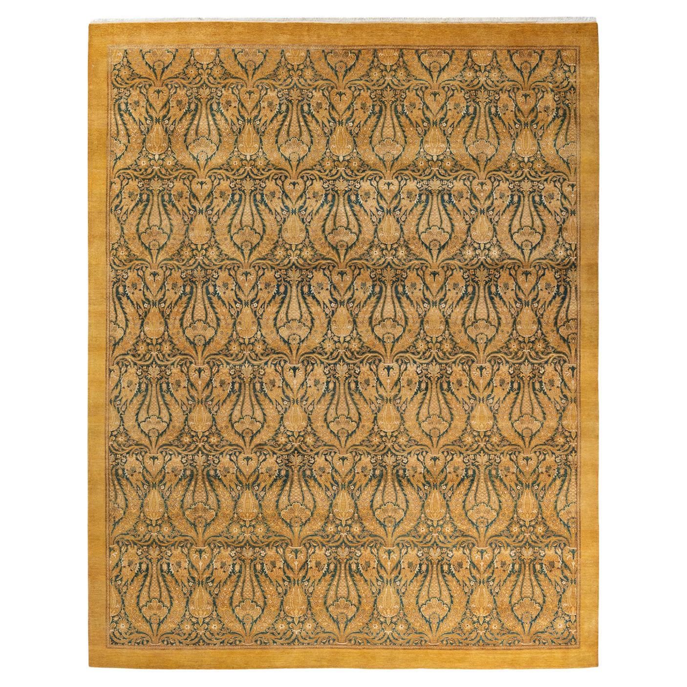 One-of-a-Kind Hand Made Traditional Mogul Yellow Area Rug For Sale