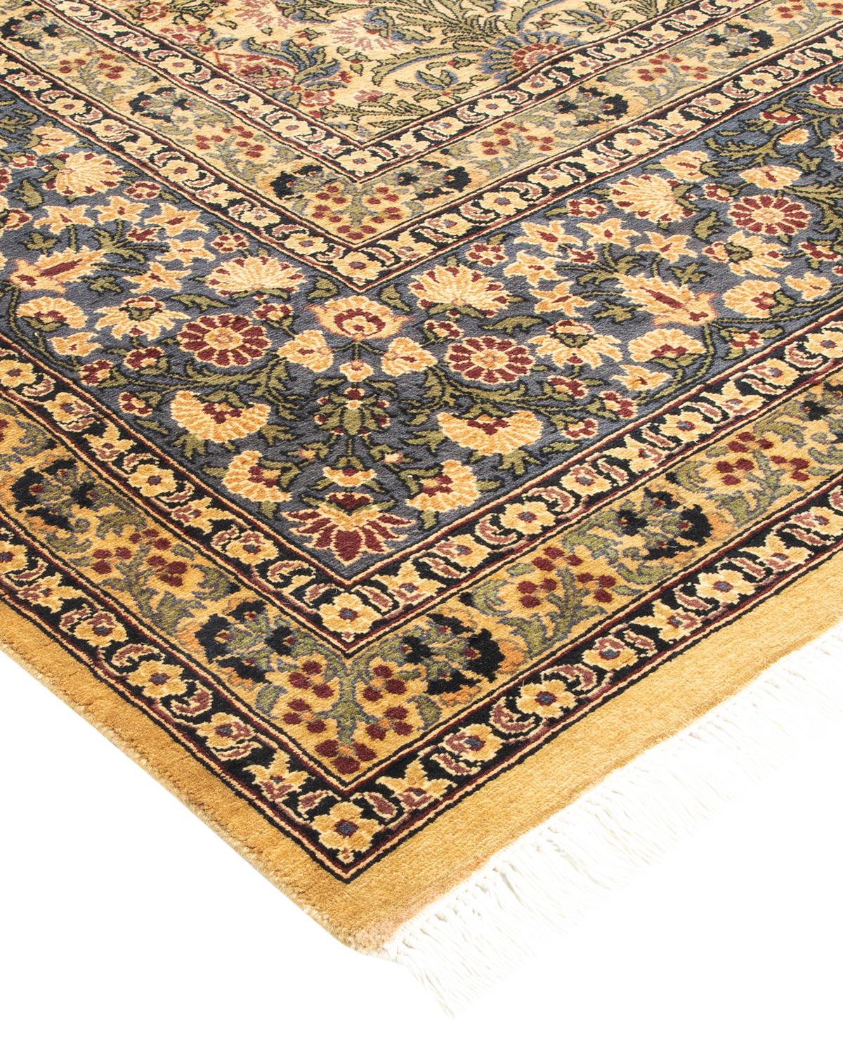 One-of-a-Kind Hand Made Traditional Mogul Yellow Area Rug For Sale 1