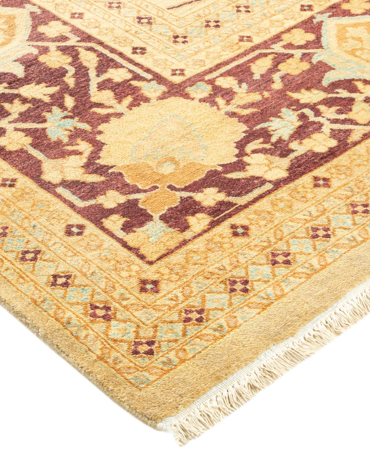 Laine Tapis traditionnel Mogul jaune unique fait à la main, unique en son genre en vente