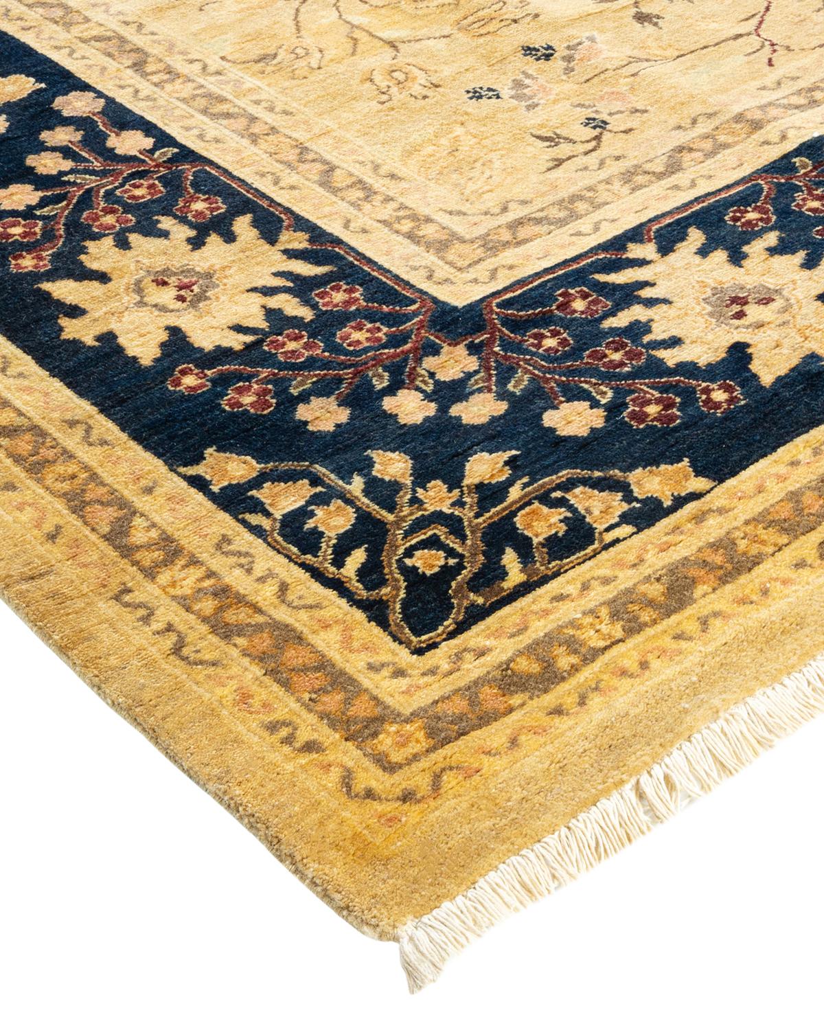 Laine Tapis traditionnel Mogul jaune unique fait à la main, unique en son genre en vente