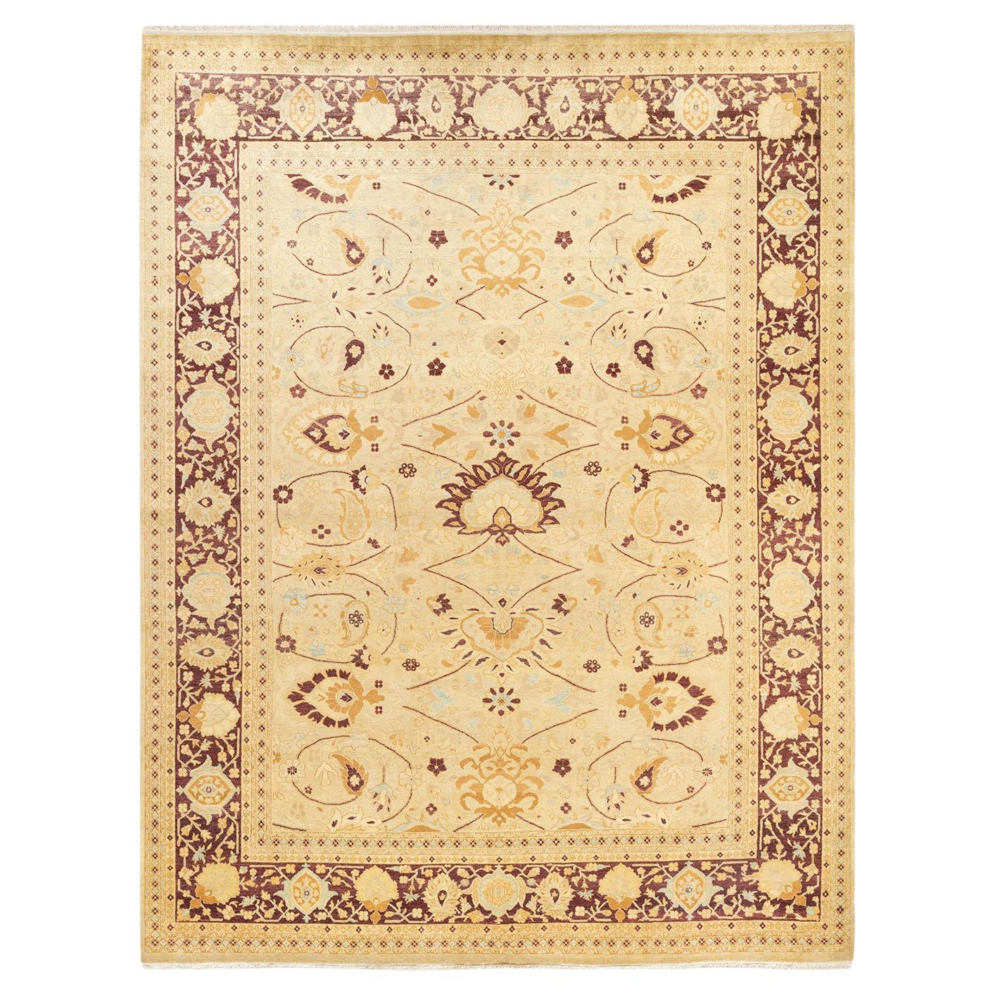Tapis traditionnel Mogul jaune unique fait à la main, unique en son genre