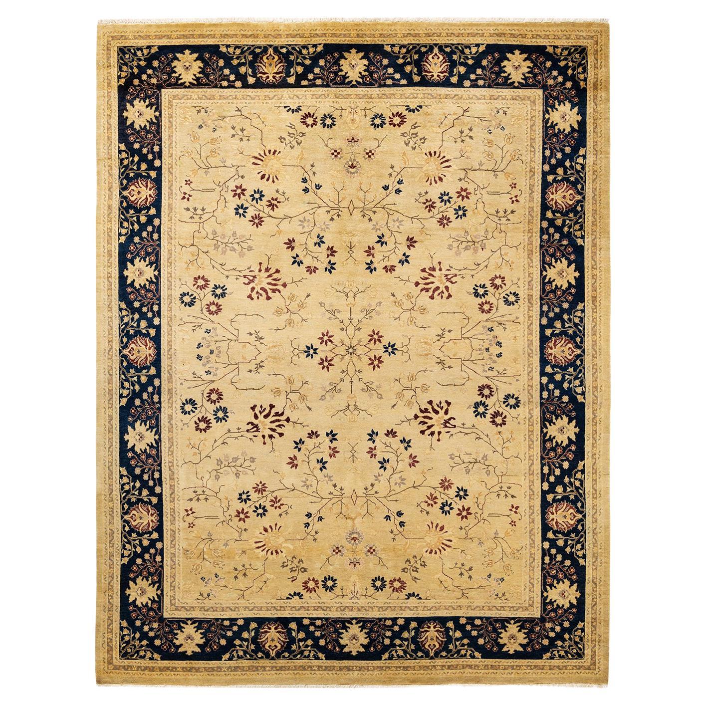 Tapis traditionnel Mogul jaune unique fait à la main, unique en son genre