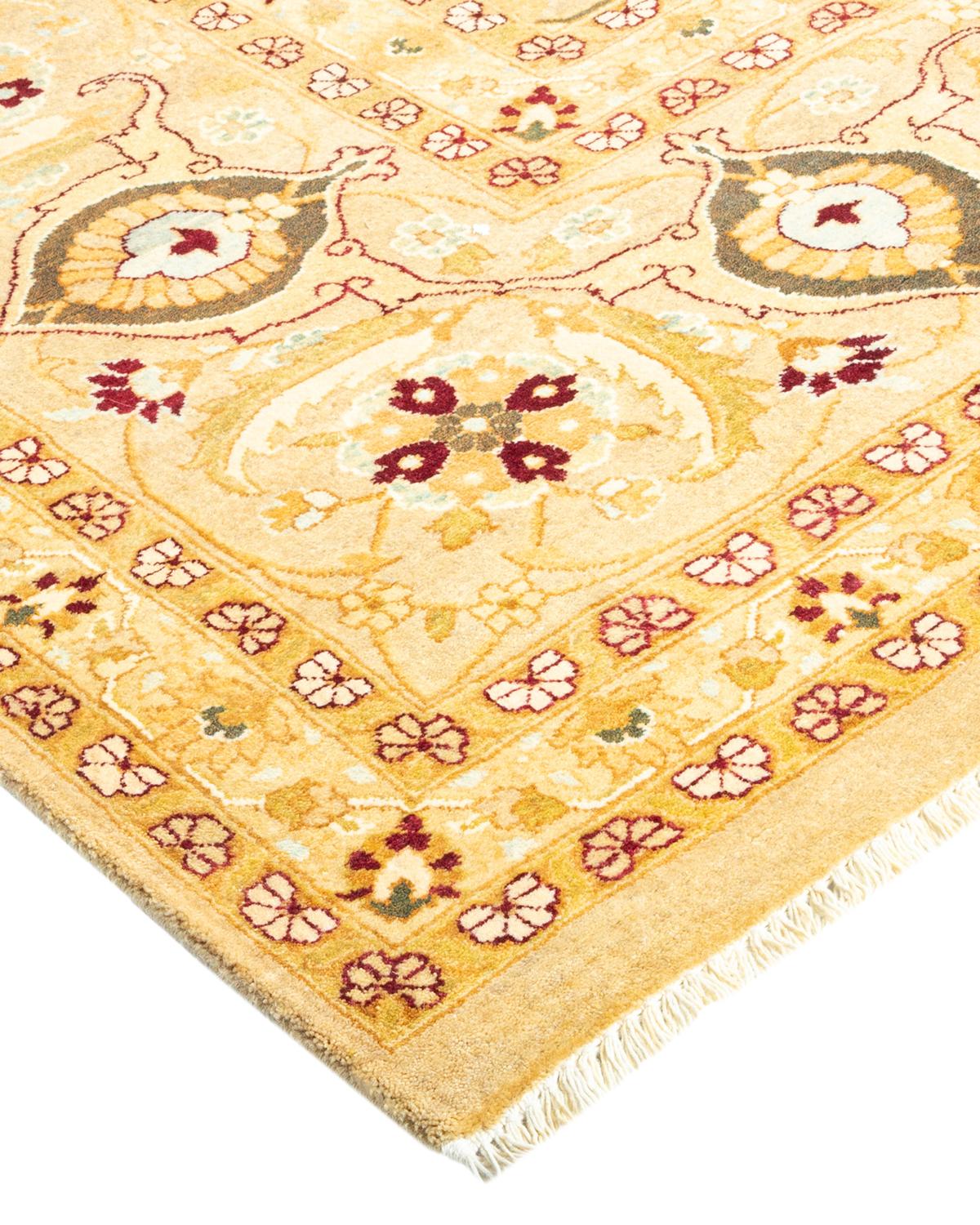 Laine Tapis traditionnel Mogul jaune, fait à la main, unique en son genre en vente