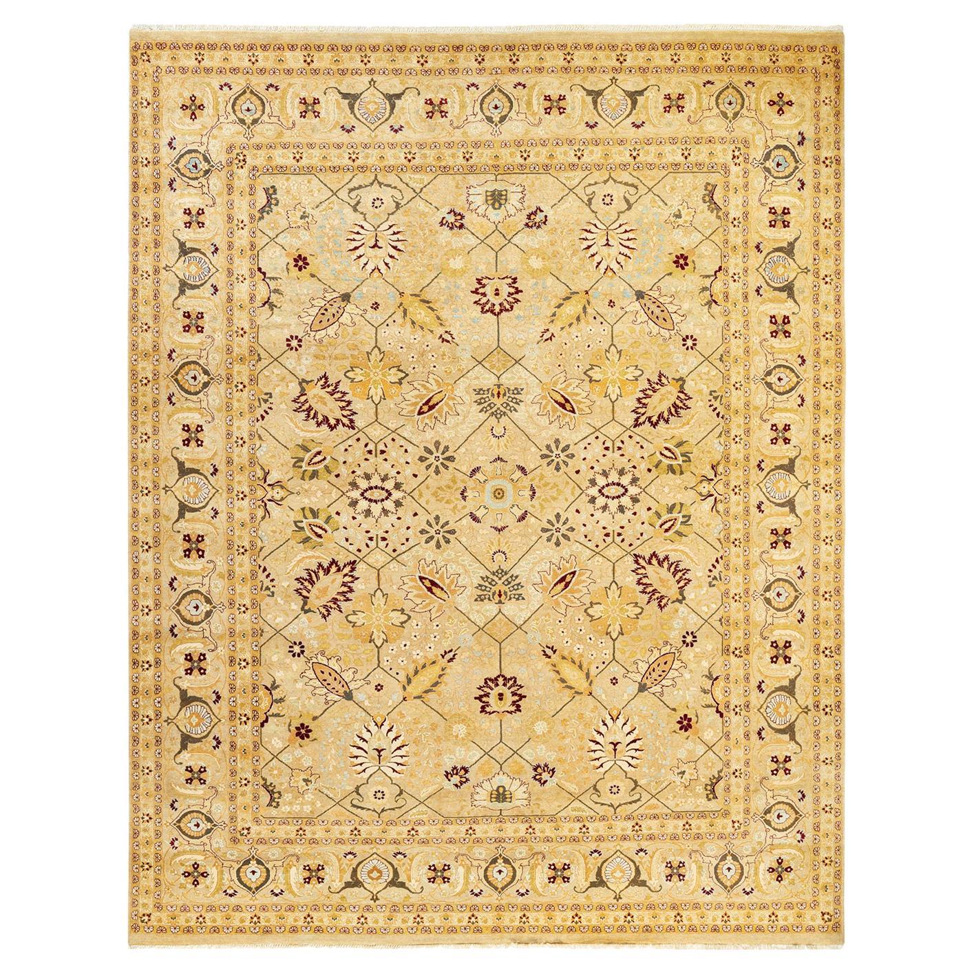 Tapis traditionnel Mogul jaune, fait à la main, unique en son genre