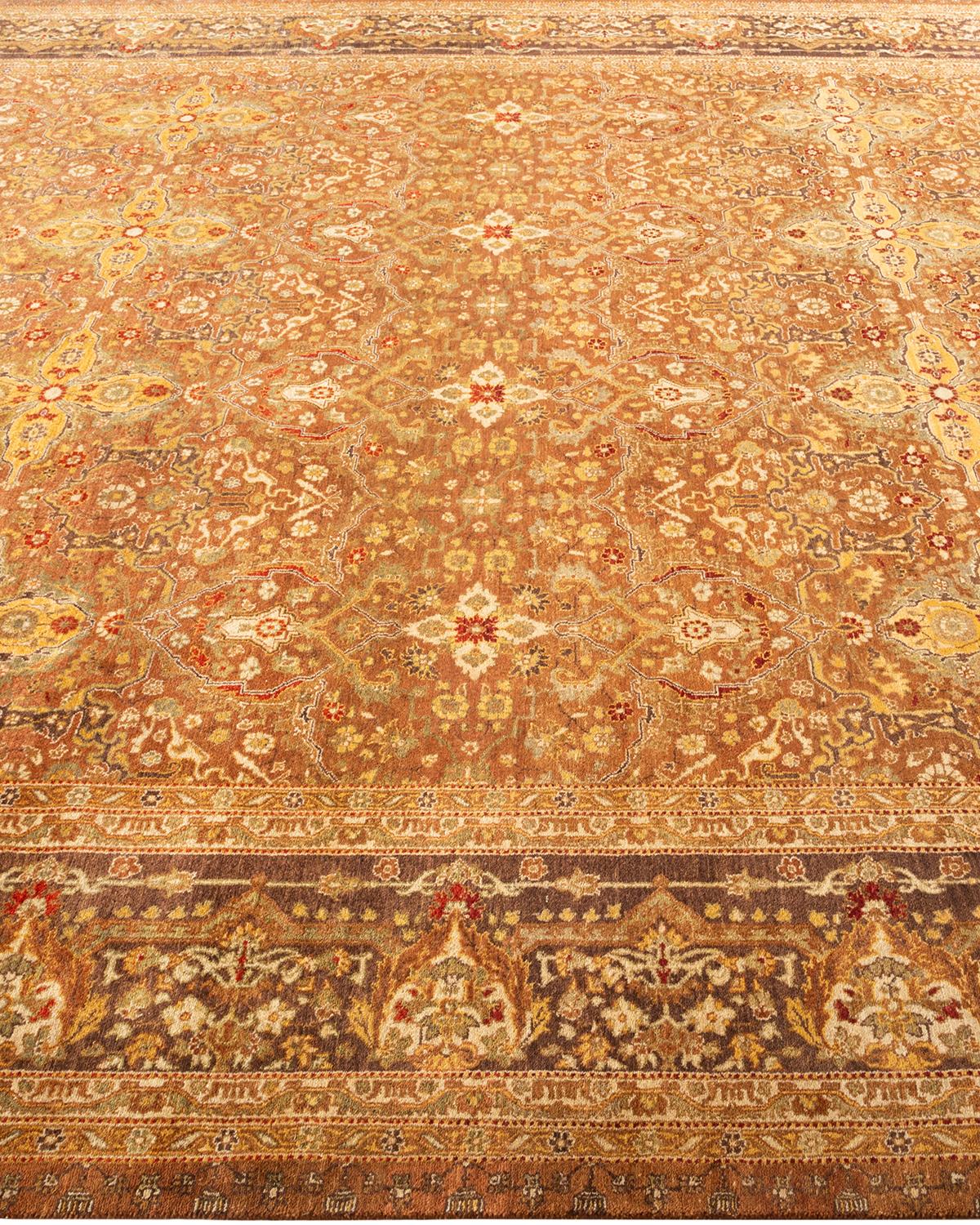 Contemporary One-Of-A-Kind Hand Made Traditional Mogul Yellow Area Rug For Sale