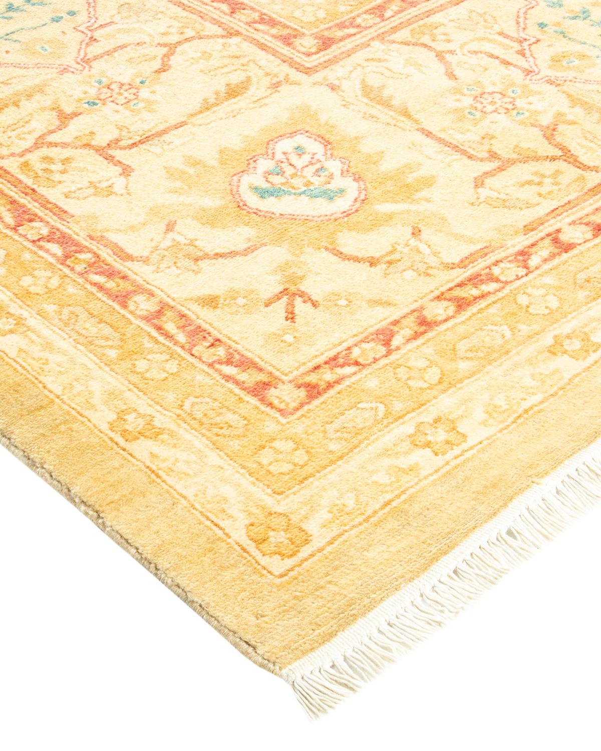 Laine Tapis traditionnel Mogul jaune unique fait à la main, unique en son genre en vente