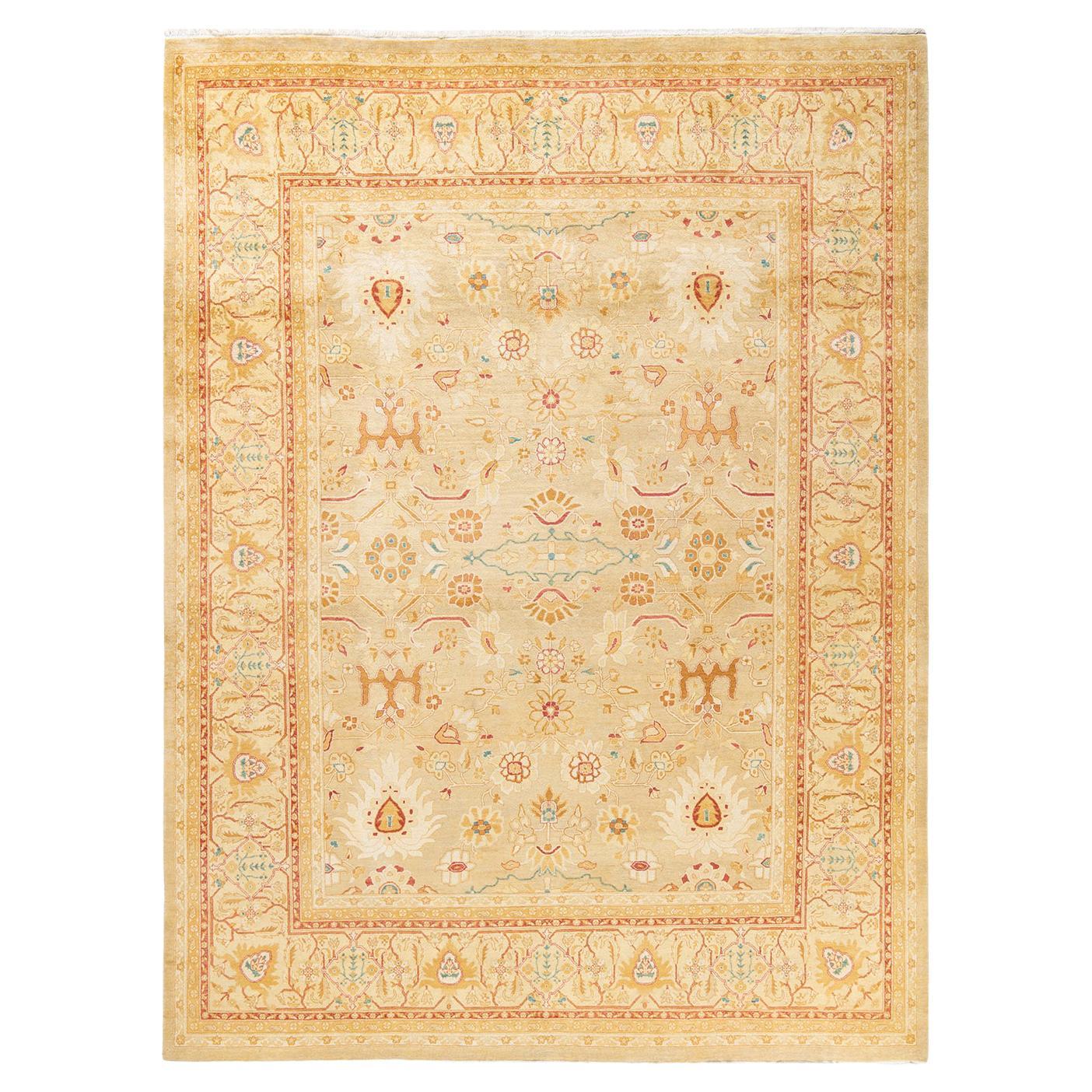 One-of-a-Kind Hand Made Traditional Mogul Yellow Area Rug For Sale
