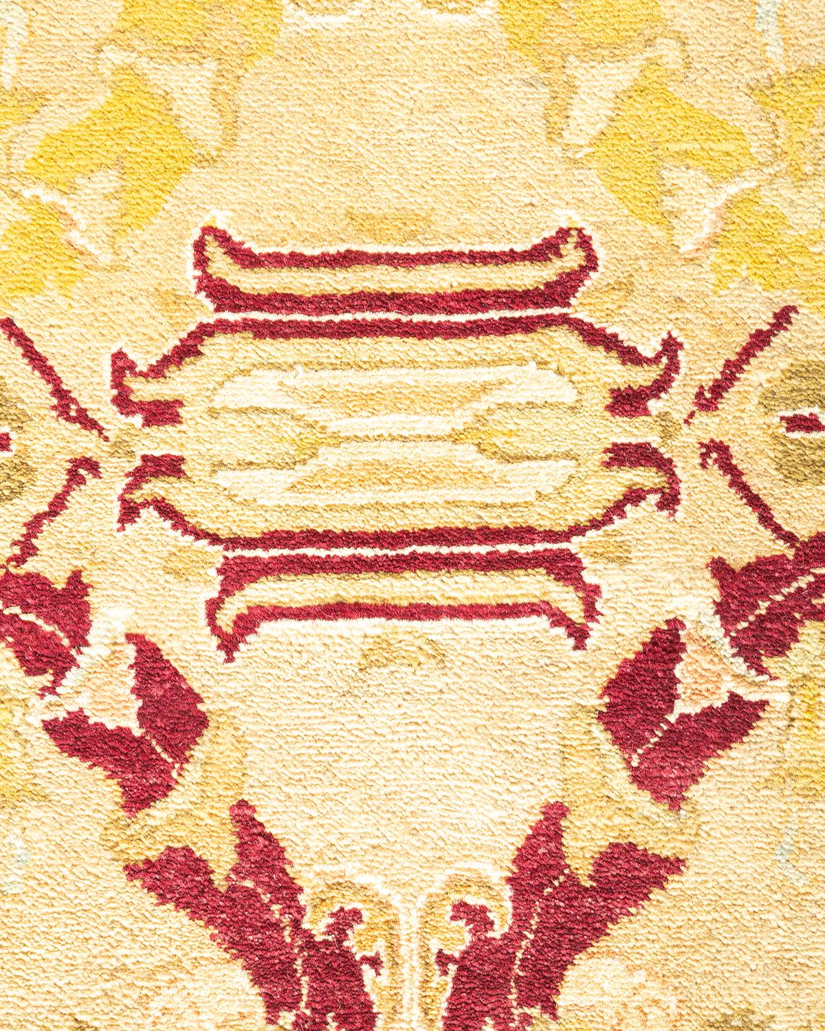 Contemporary One-Of-A-Kind Hand Made Traditional Mogul Yellow Area Rug For Sale