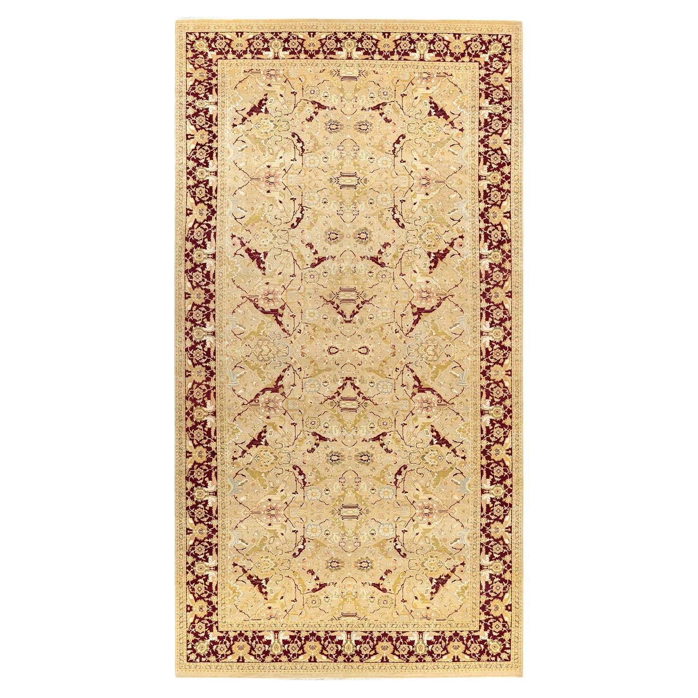 Tapis traditionnel Mogul jaune unique fait à la main, unique en son genre