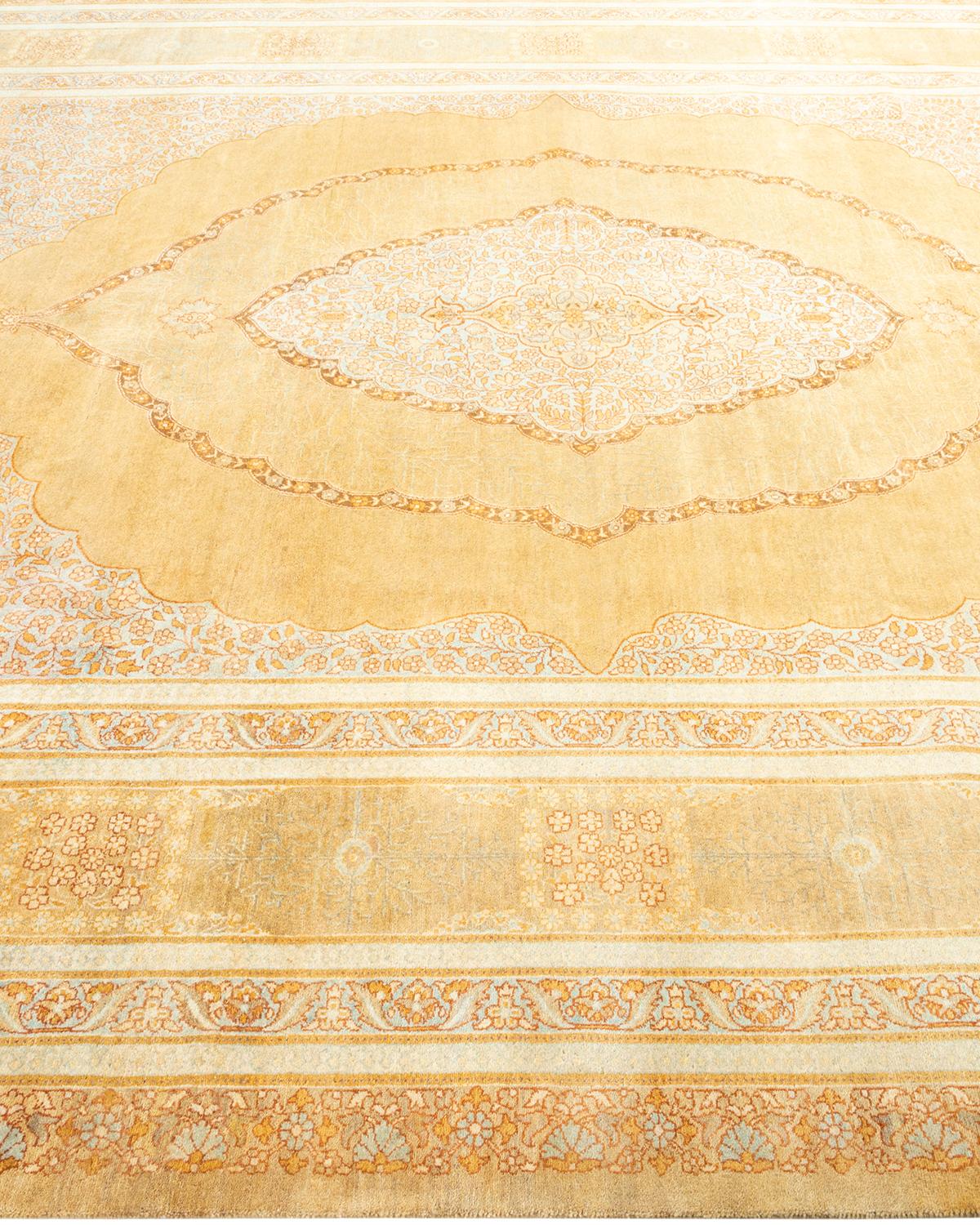 One-of-a-kind Hand Made Traditional Mogul Yellow Area Rug In New Condition For Sale In Norwalk, CT
