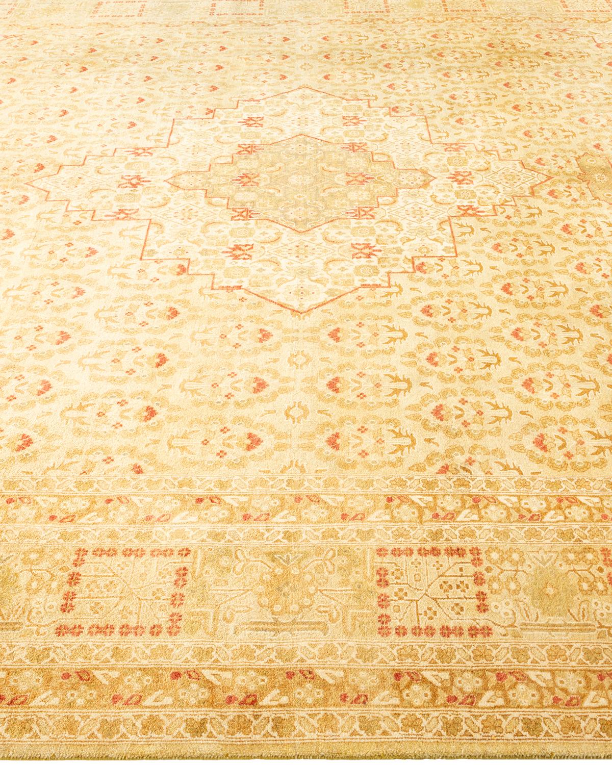 One-Of-A-Kind Hand Made Traditional Mogul Yellow Area Rug In New Condition For Sale In Norwalk, CT