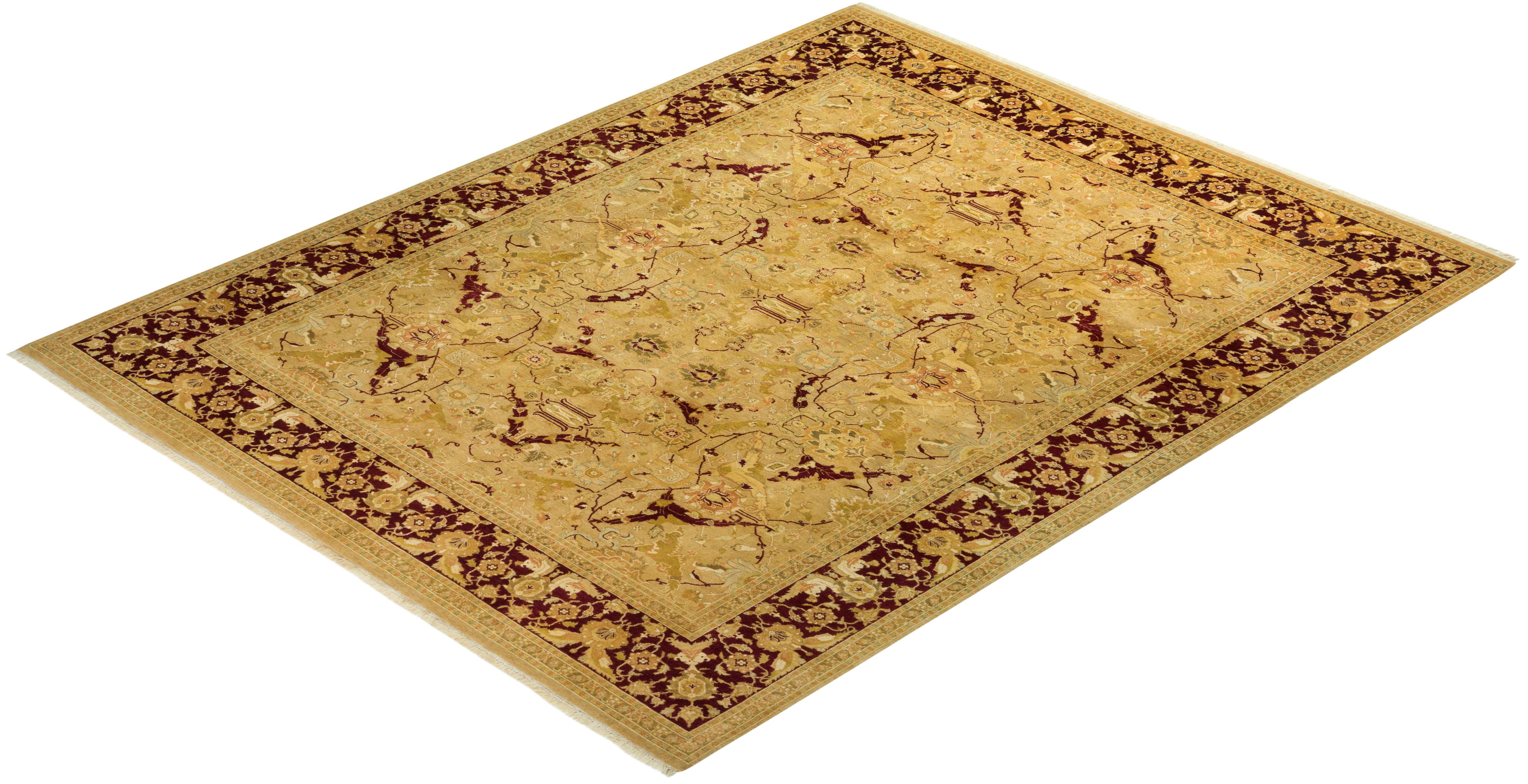 Laine Tapis traditionnel Mogul jaune unique fait à la main, unique en son genre en vente