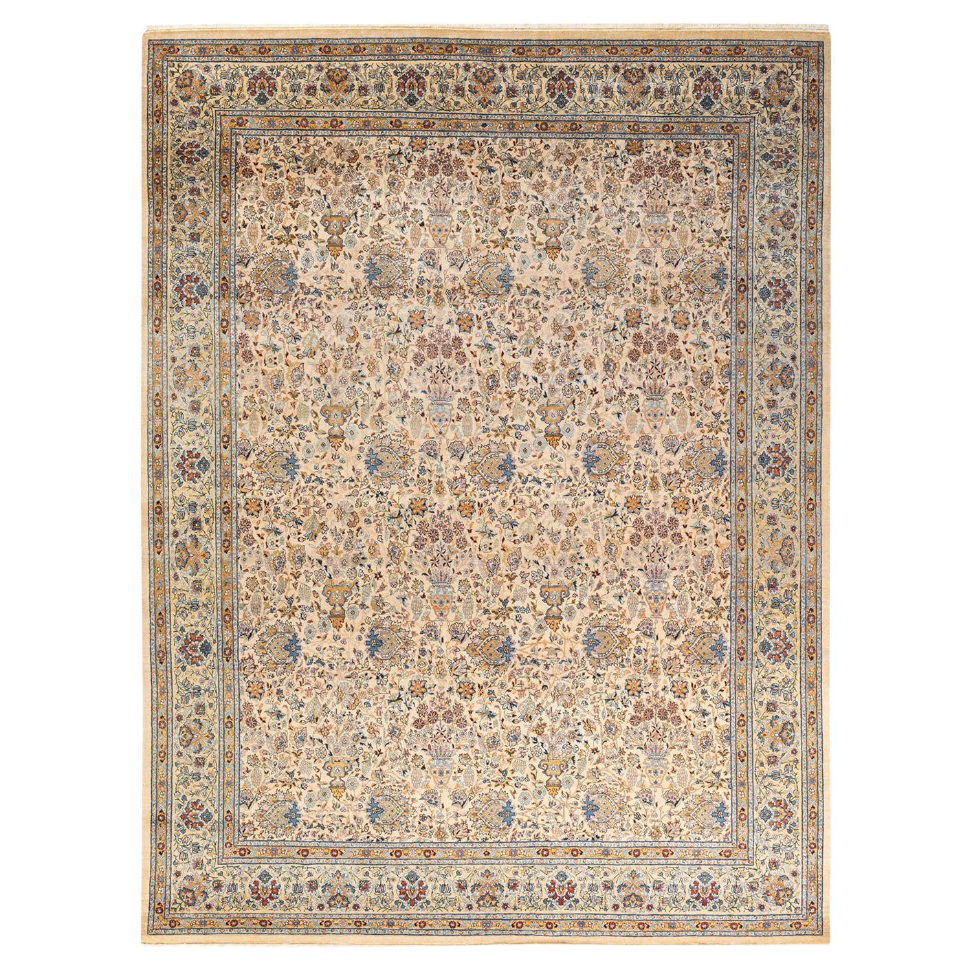 Tapis traditionnel Mogul jaune unique fait à la main, unique en son genre