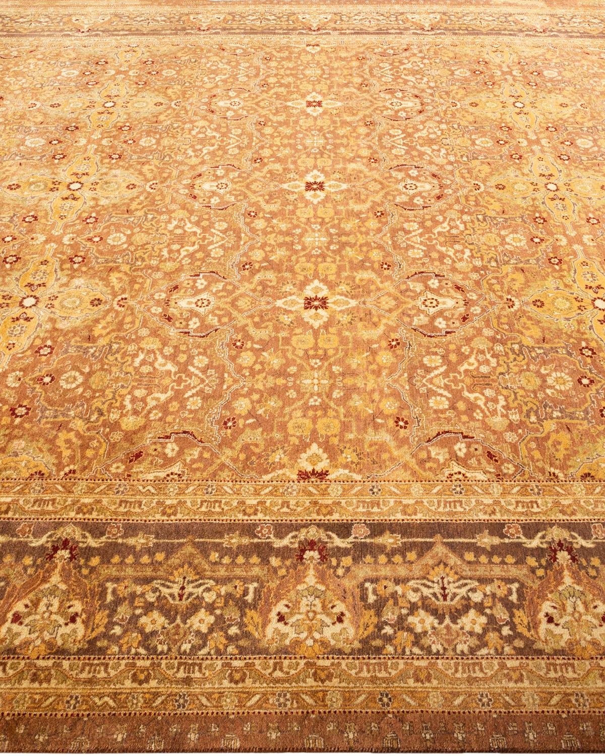 Contemporary One-Of-A-Kind Hand Made Traditional Mogul Yellow Area Rug For Sale