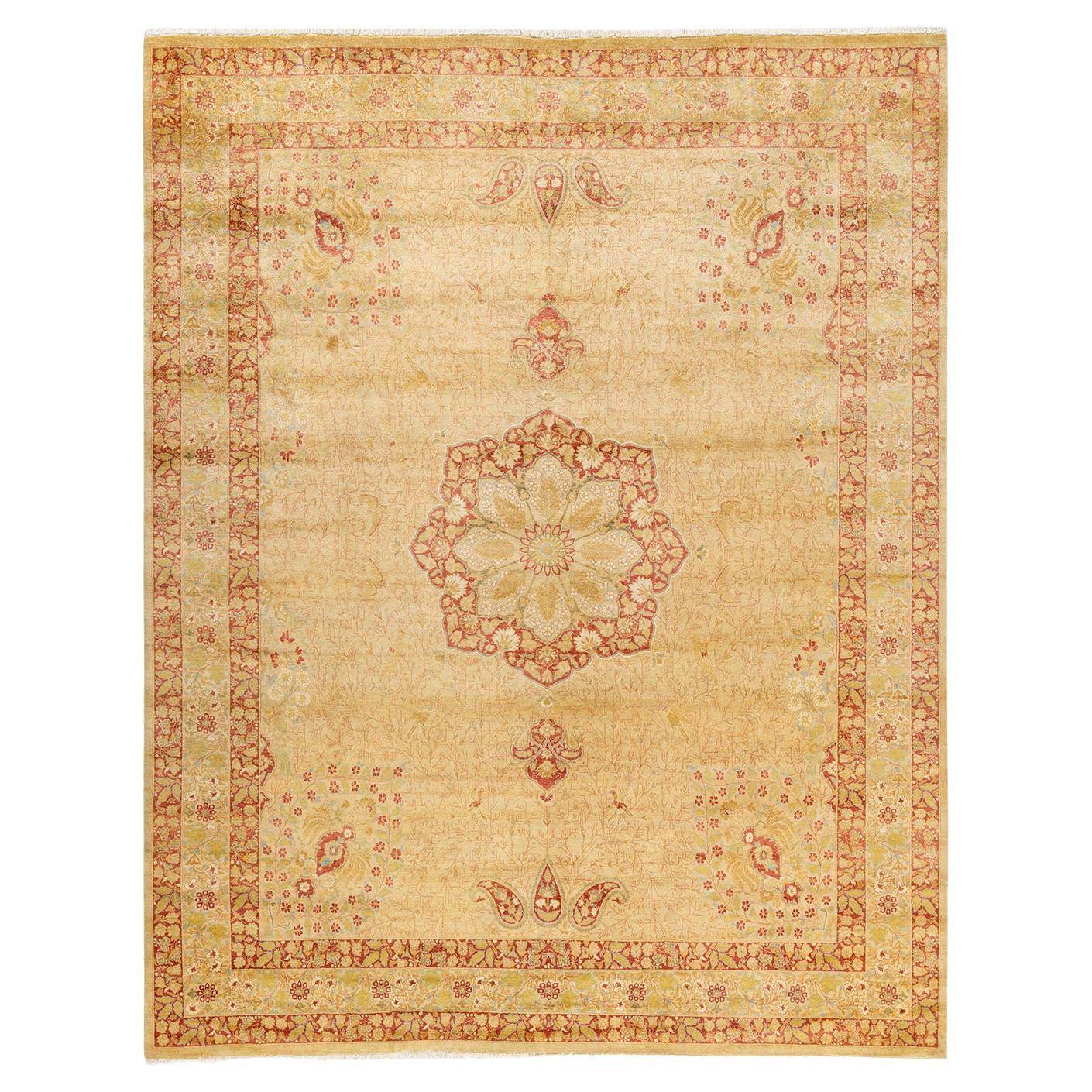 Tapis traditionnel Mogul jaune unique fait à la main, unique en son genre